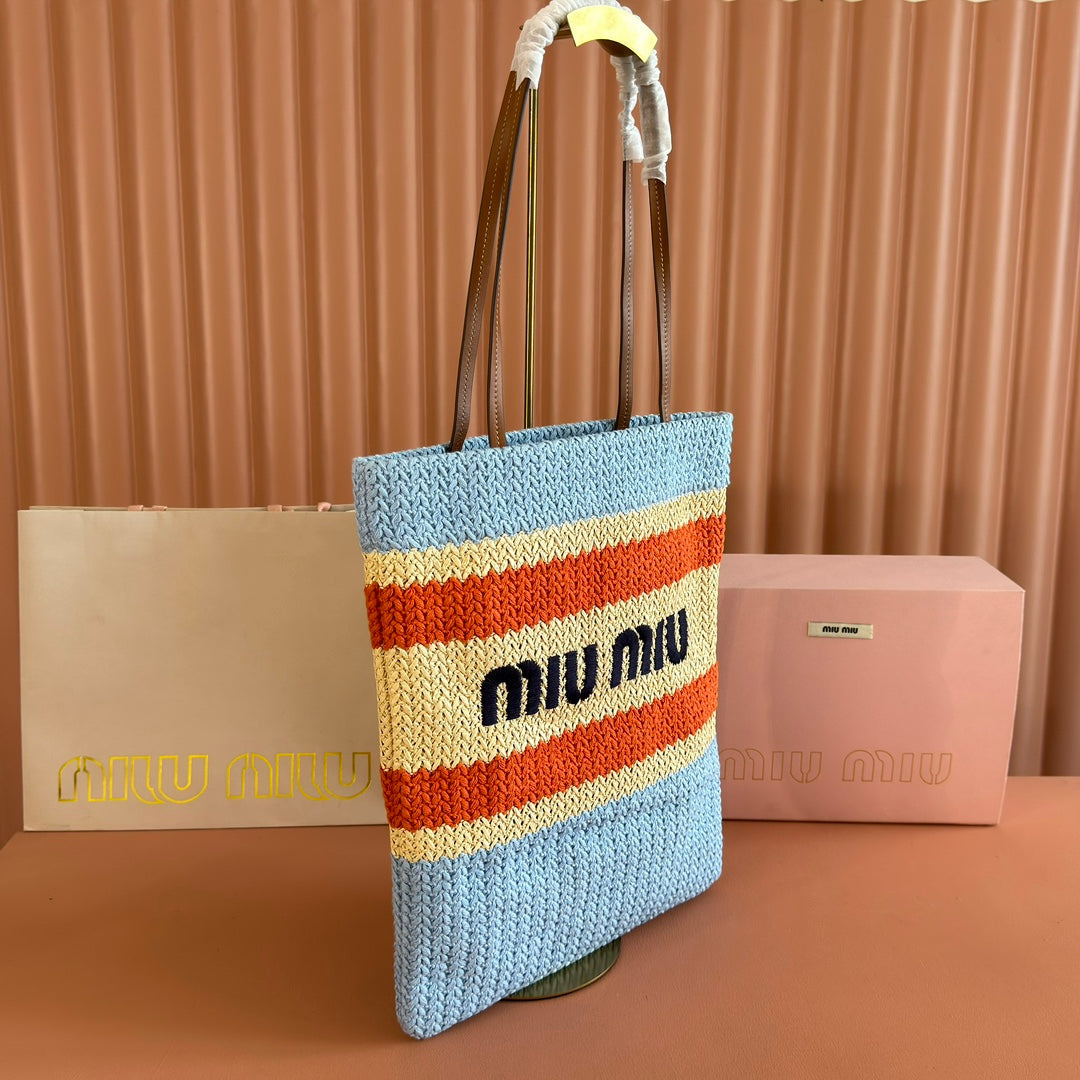 Miu Crochet Tote Bag 30x38 Beige Blue Raffia-Effect Woven 285260