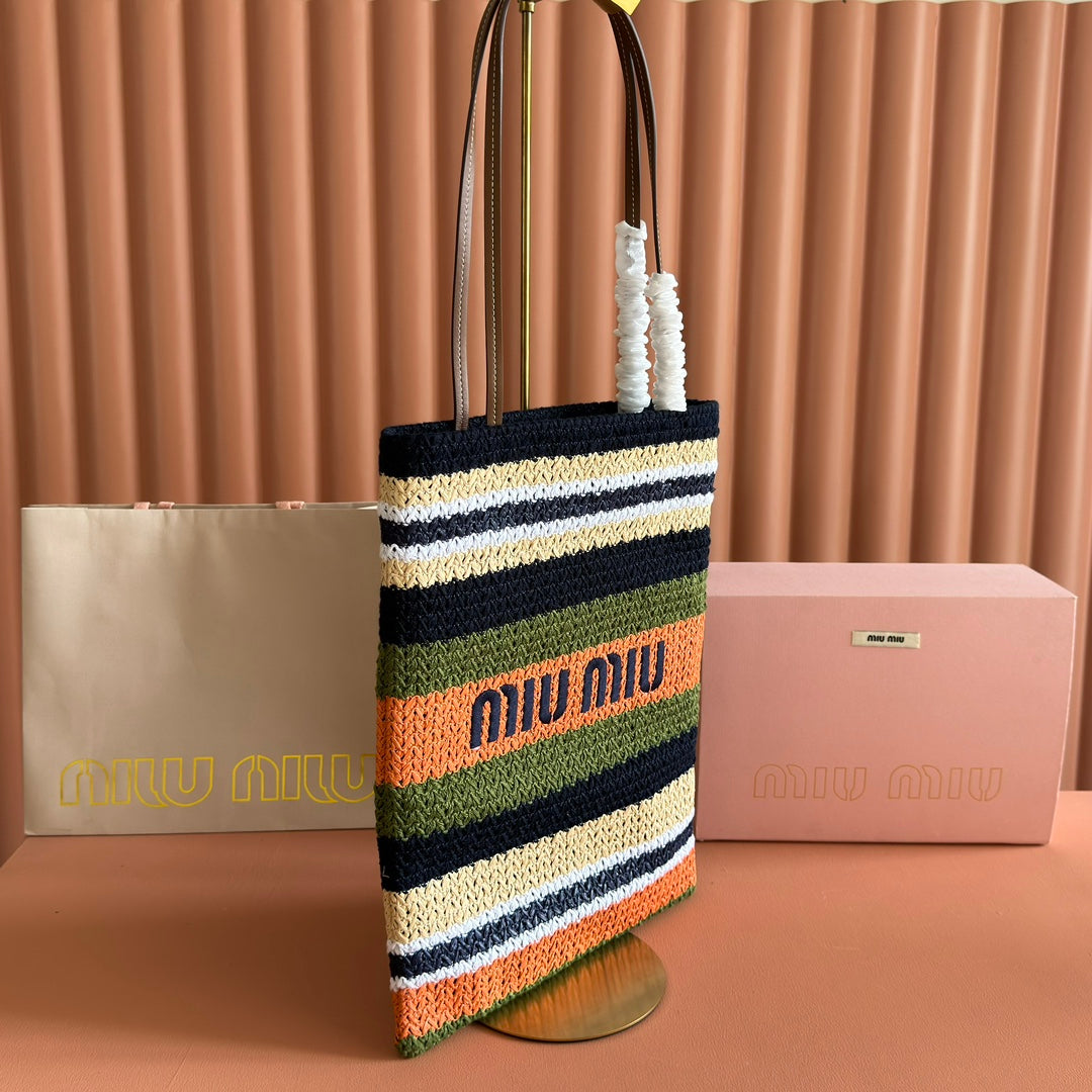 Miu Crochet Tote Bag 30x38 Orange Blue Raffia-Effect Woven 285273