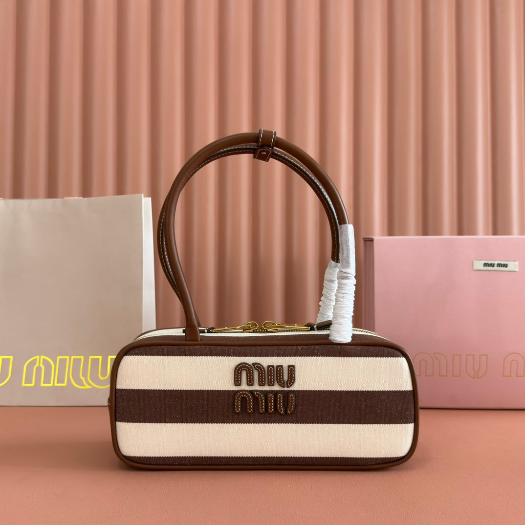 Miu Beau Small Bag 28cm Soft Beige Mix Brown Cotton Cowhide 257958