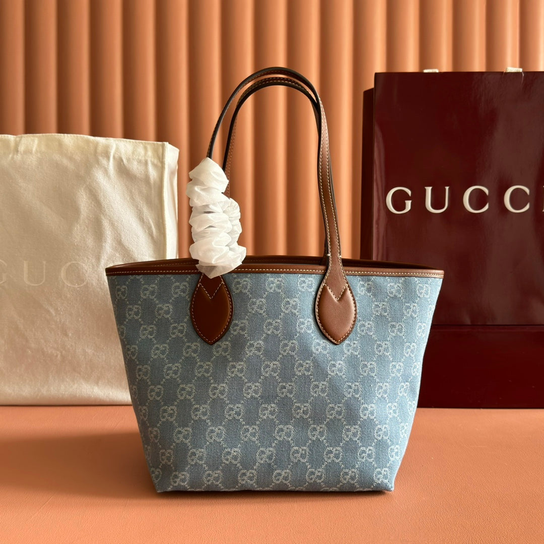 Gucci Totissima Tote Bag Light Blue Denim Canvas & Brown Leather.