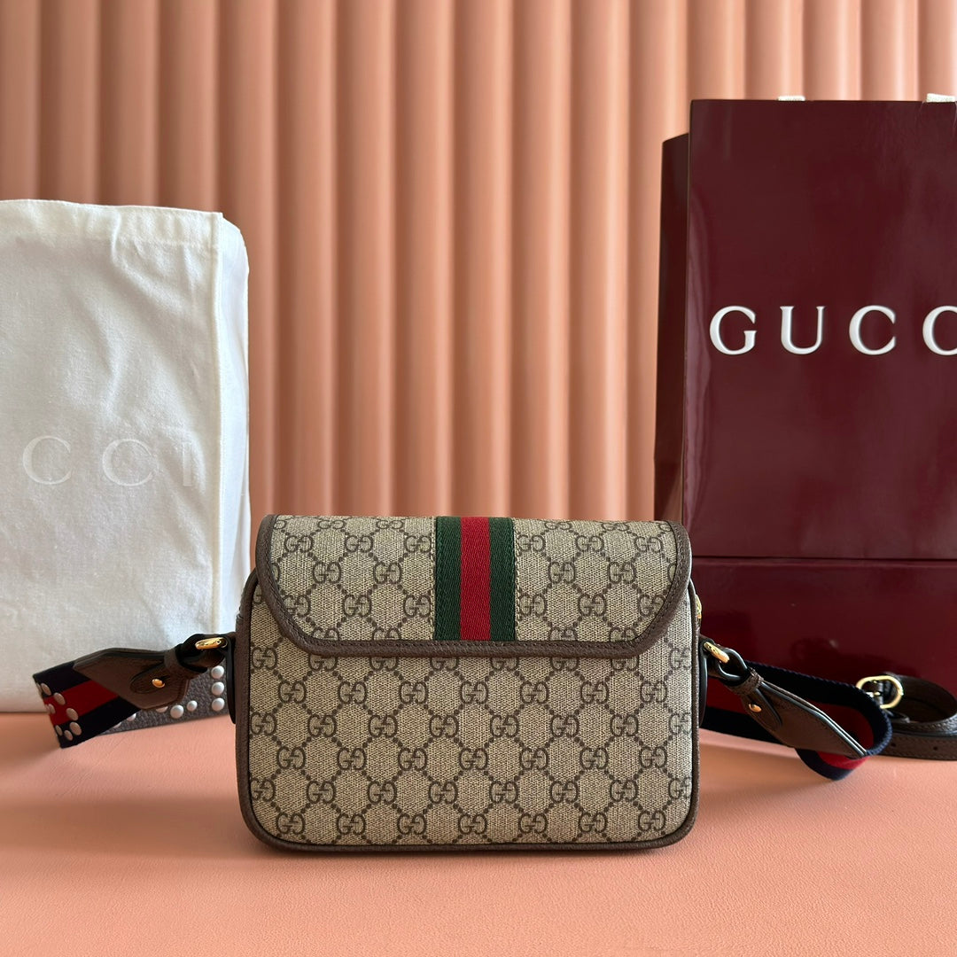 Ophidia Small Shoulder Bag 23cm Beige Brown Canvas Leather