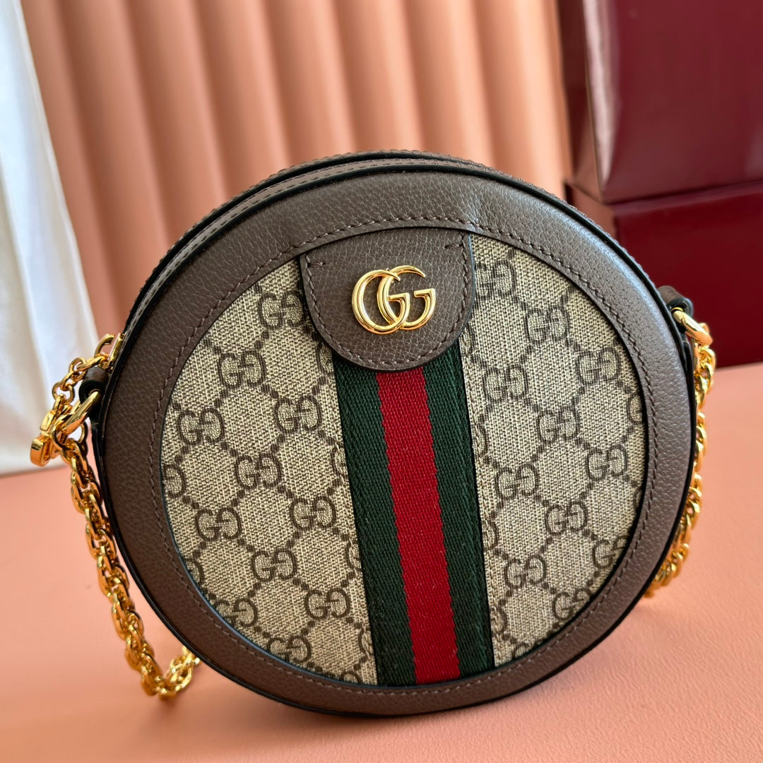 Gucci Ophida GG Round Bag Taupe Beige Canvas Grain Leather