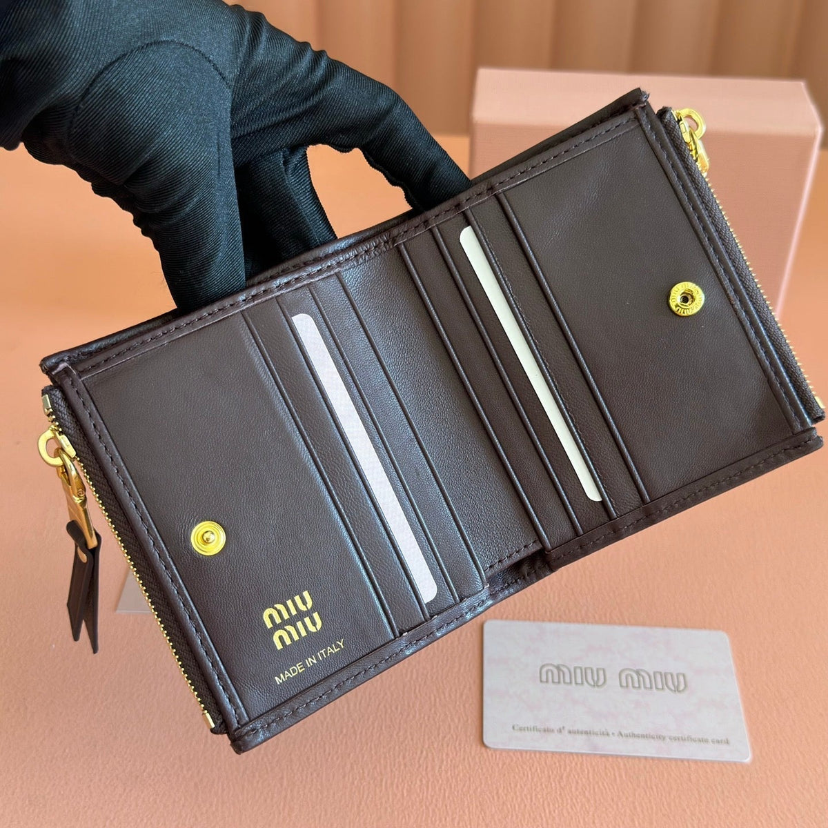 Miumiu 26s Small Matelasse Card Holder 11 In Dark Brown Calfskin Gold Hardware