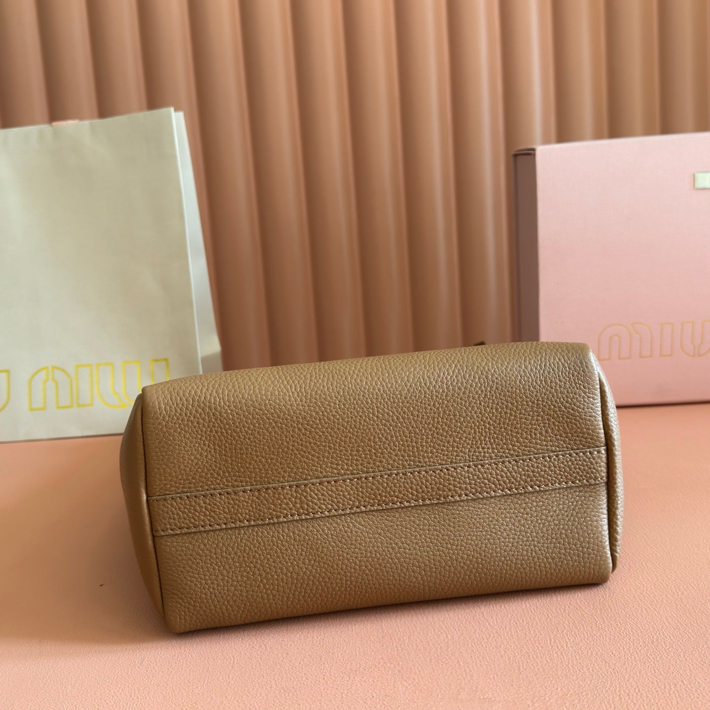 Miu Leather Bucket Bag 23cm Brown Grain Cowhide