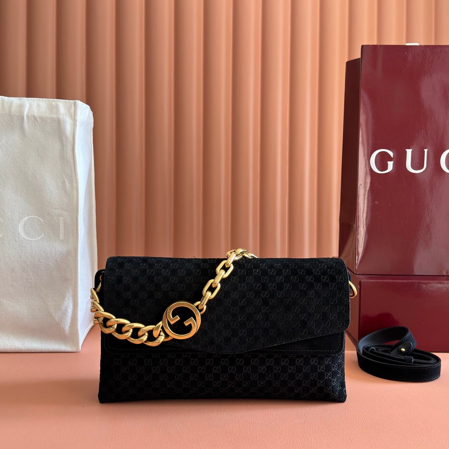 GG Medium Shoulder Bag With Chain Black GG Suede