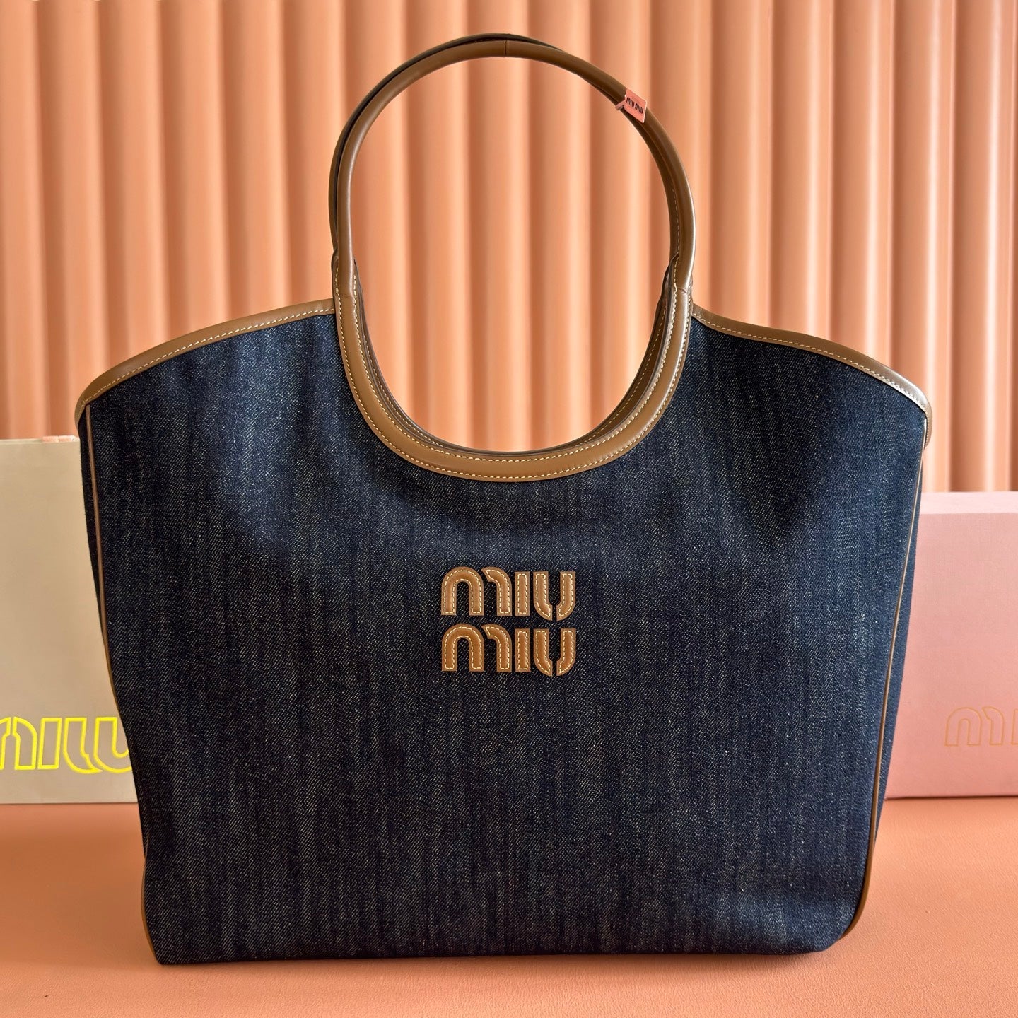 Miu Ivy Tote 40cm Blue Denim Leather 285378