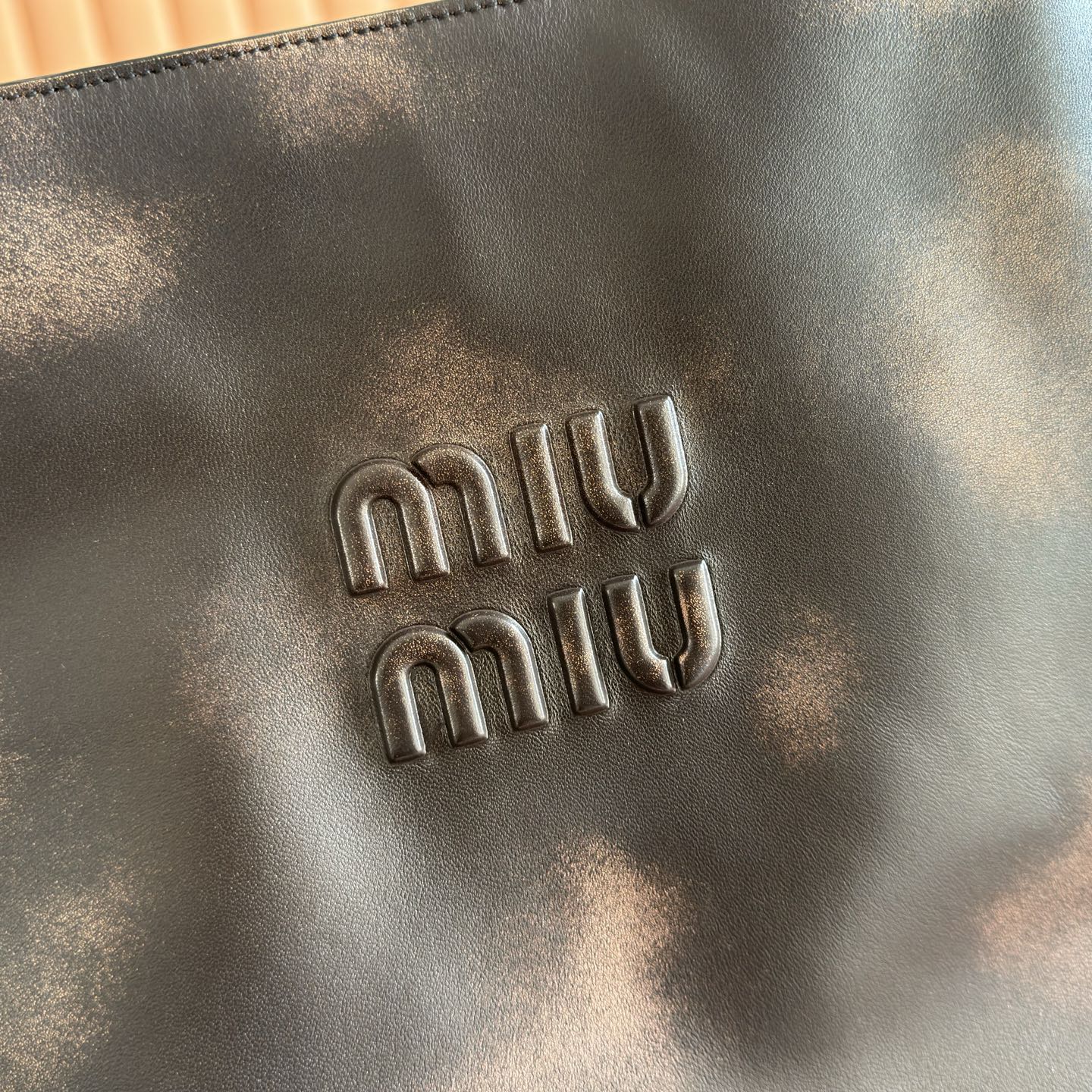 Miu Logo-Embossed Tote Bag Coffee Leather