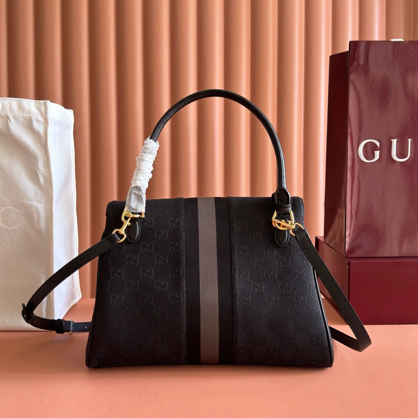 GG Paparazzo Medium Top Handle Bag 32cm Black Canvas 292655