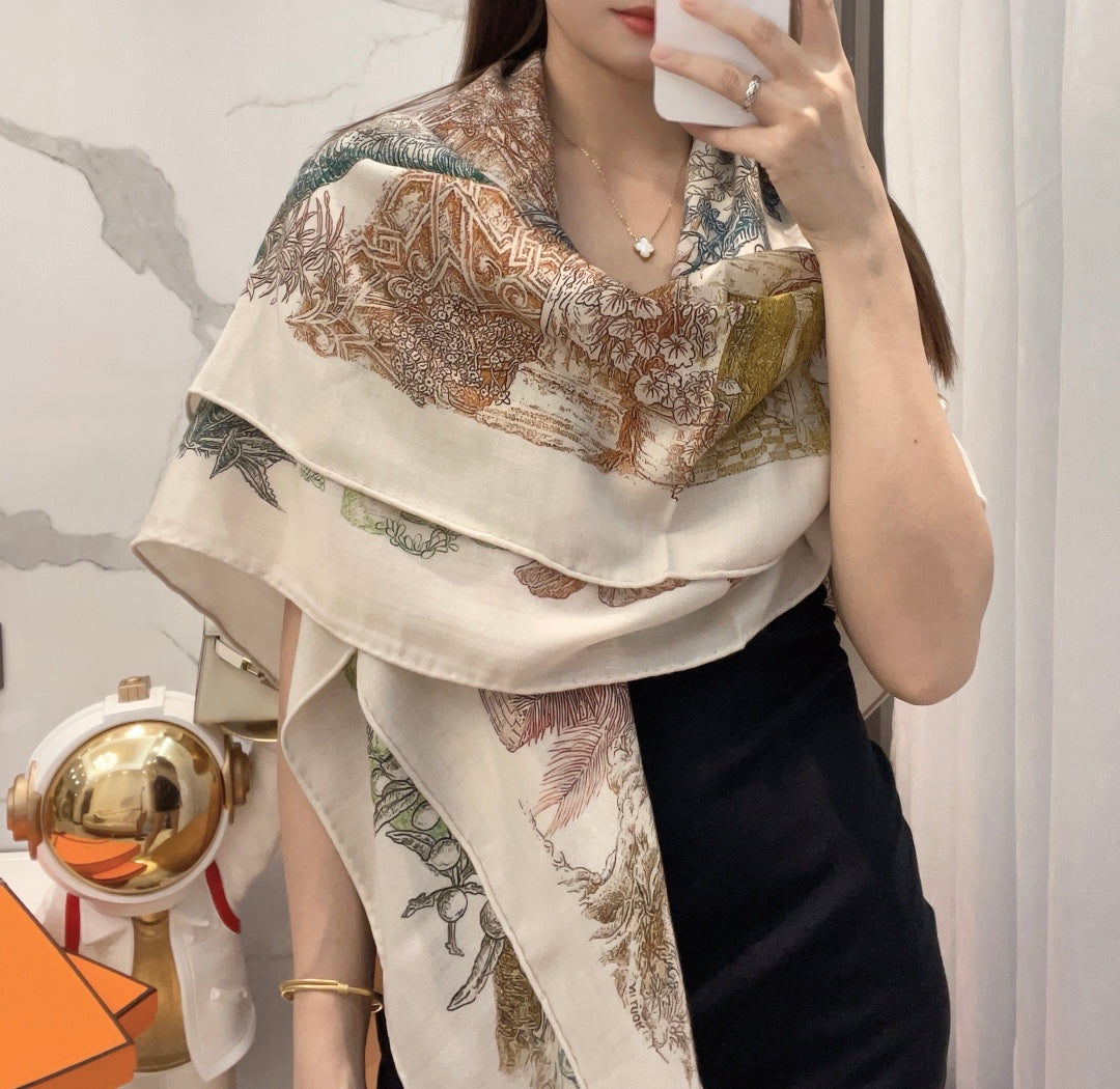 Scarf 140 CM Brown Colorful Cashmere And Silk 394551