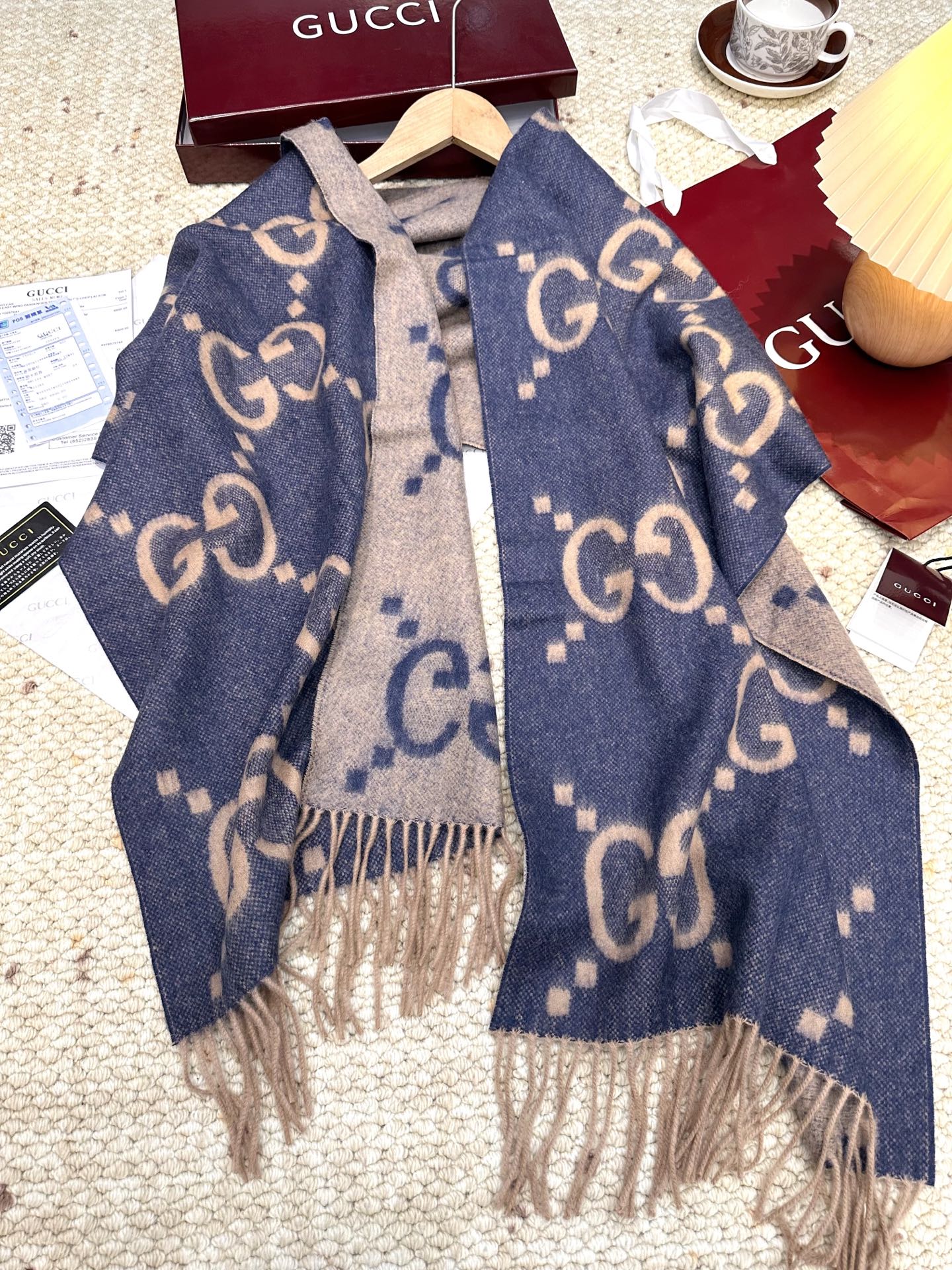 GG Double G Jacquard Scarf 200CM Blue Beige Wool 282792