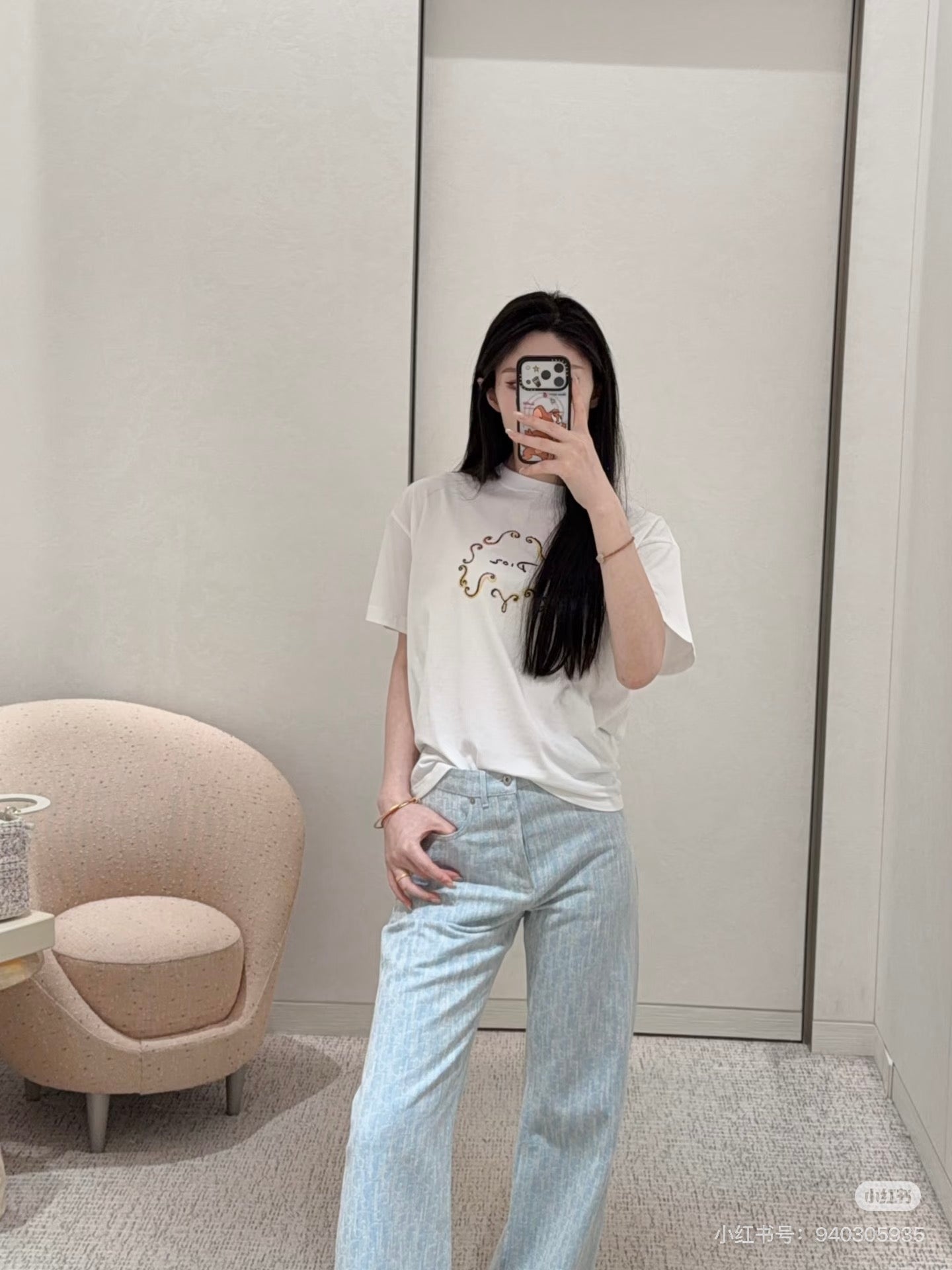 CD Embroidered Beaded Letter T-Shirt White Cotton 394289