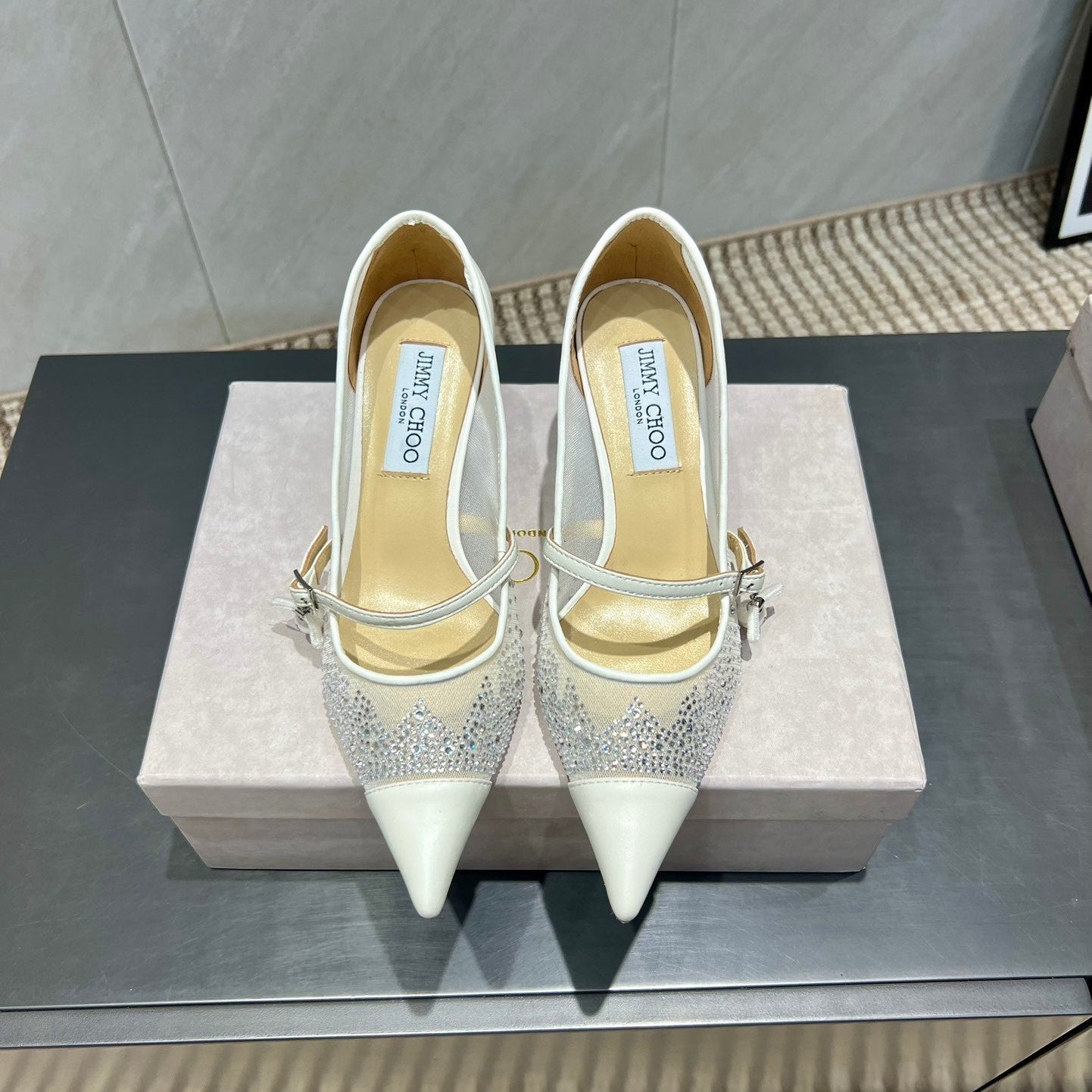 Jimmy Choo Aren Pump High Heels 65mm Cream Crystal Mesh 540678
