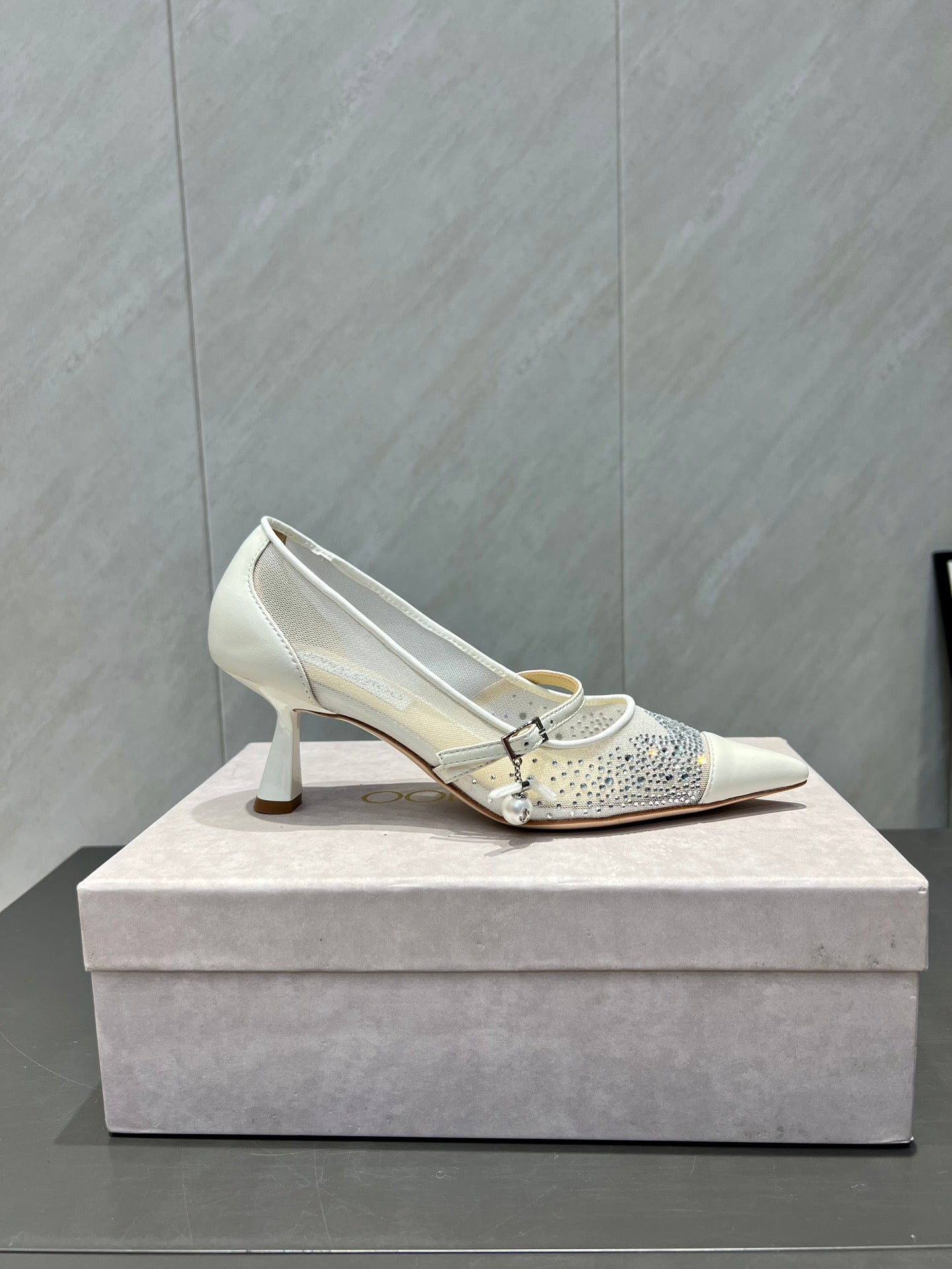 Jimmy Choo Aren Pump High Heels 65mm Cream Crystal Mesh 540678