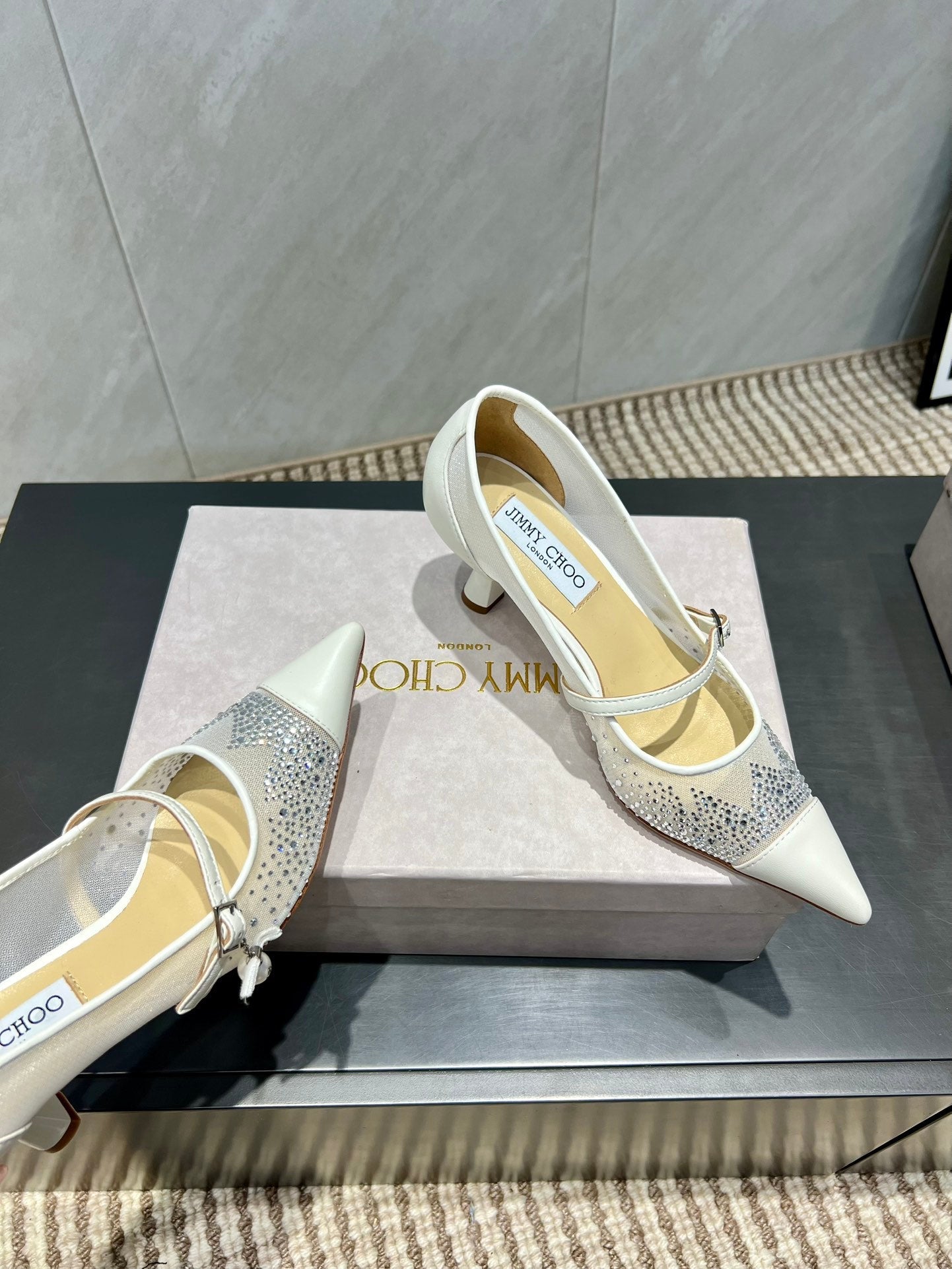 Jimmy Choo Aren Pump High Heels 65mm Cream Crystal Mesh 540678