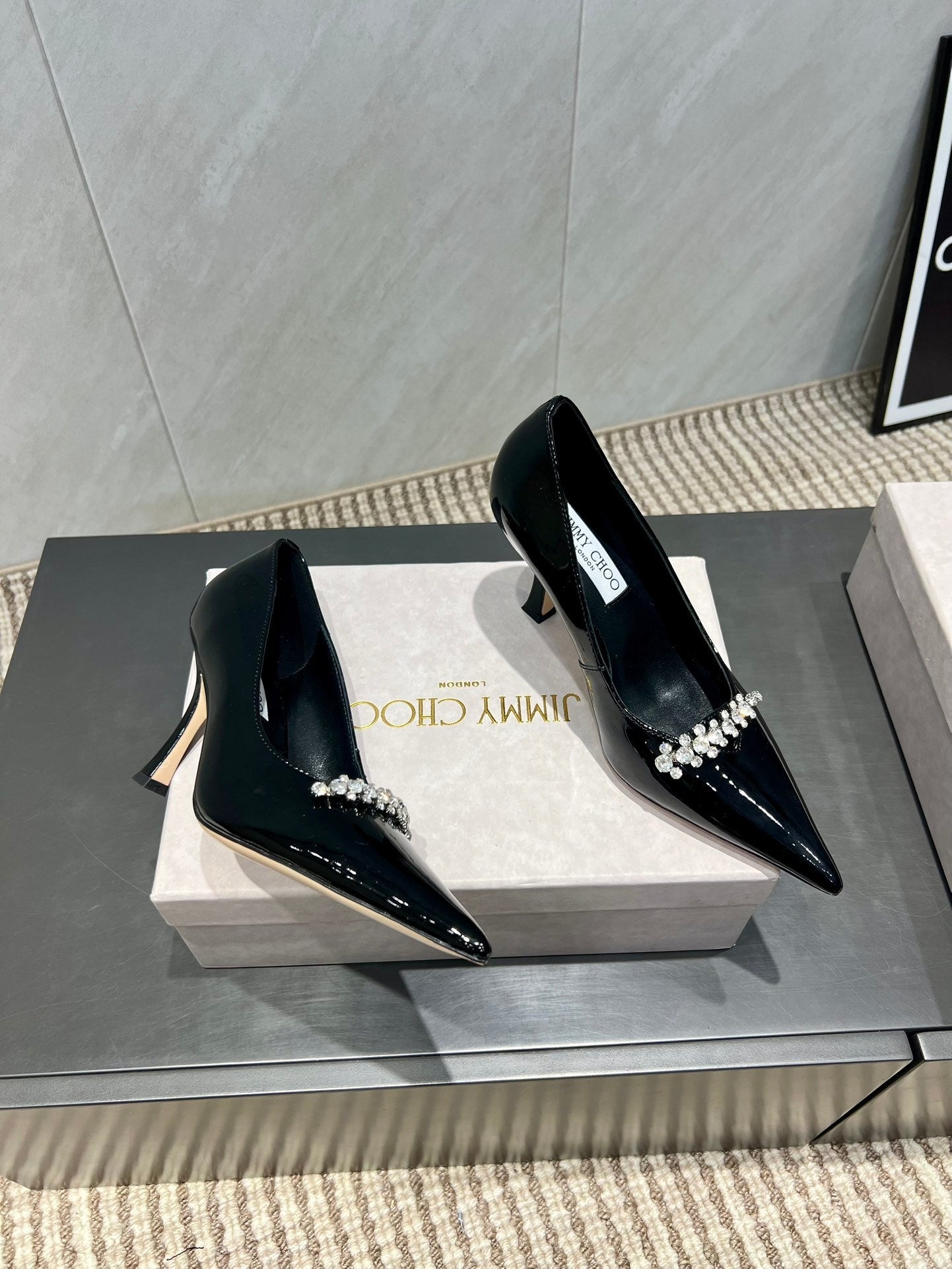 Jimmy Choo Belinda 85mm Heels Black Patent Leather Crystal Studded Heels 540679