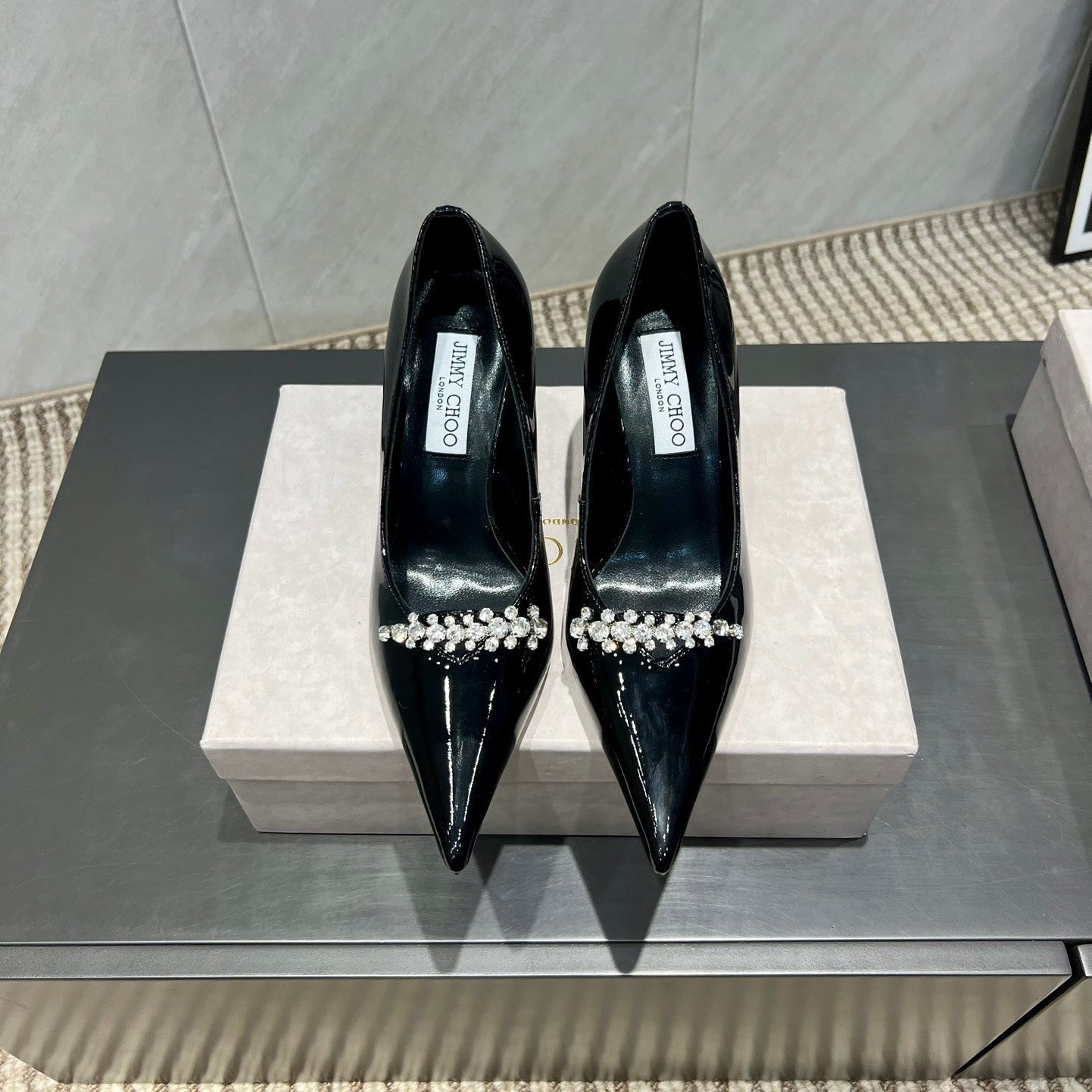 Jimmy Choo Belinda 85mm Heels Black Patent Leather Crystal Studded Heels 540679