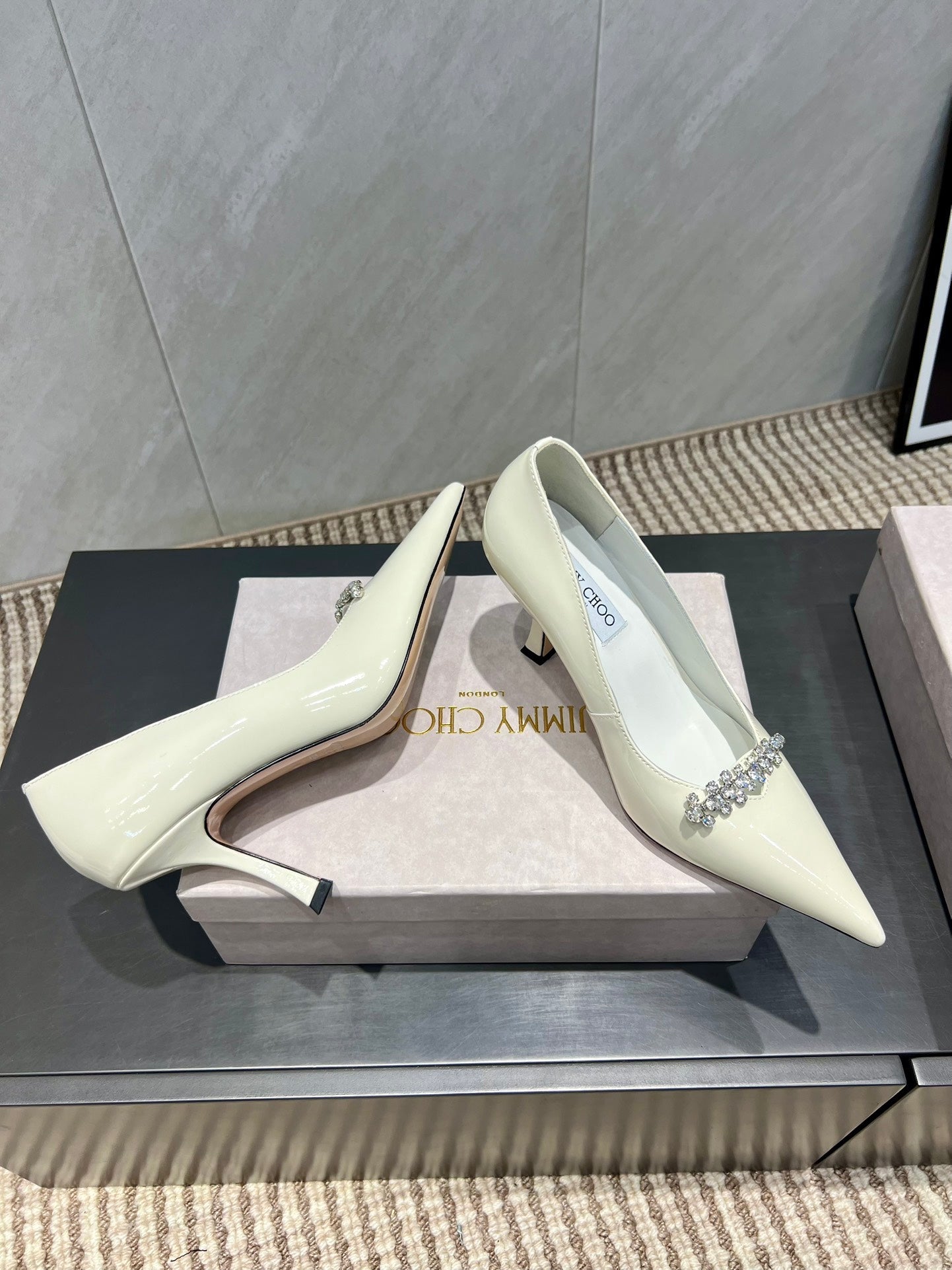 Jimmy Choo Belinda 85mm Heels Cream Patent Leather Crystal Studded Heels 540680