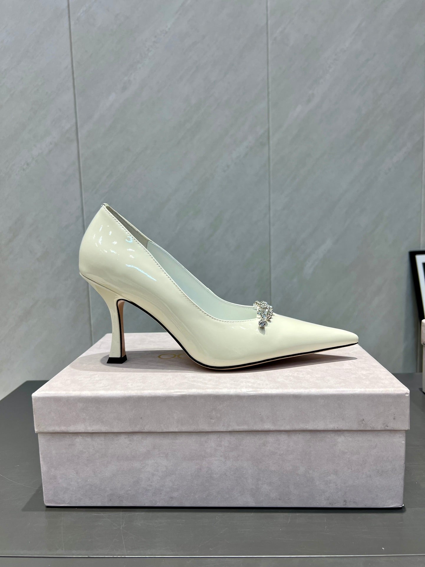 Jimmy Choo Belinda 85mm Heels Cream Patent Leather Crystal Studded Heels 540680