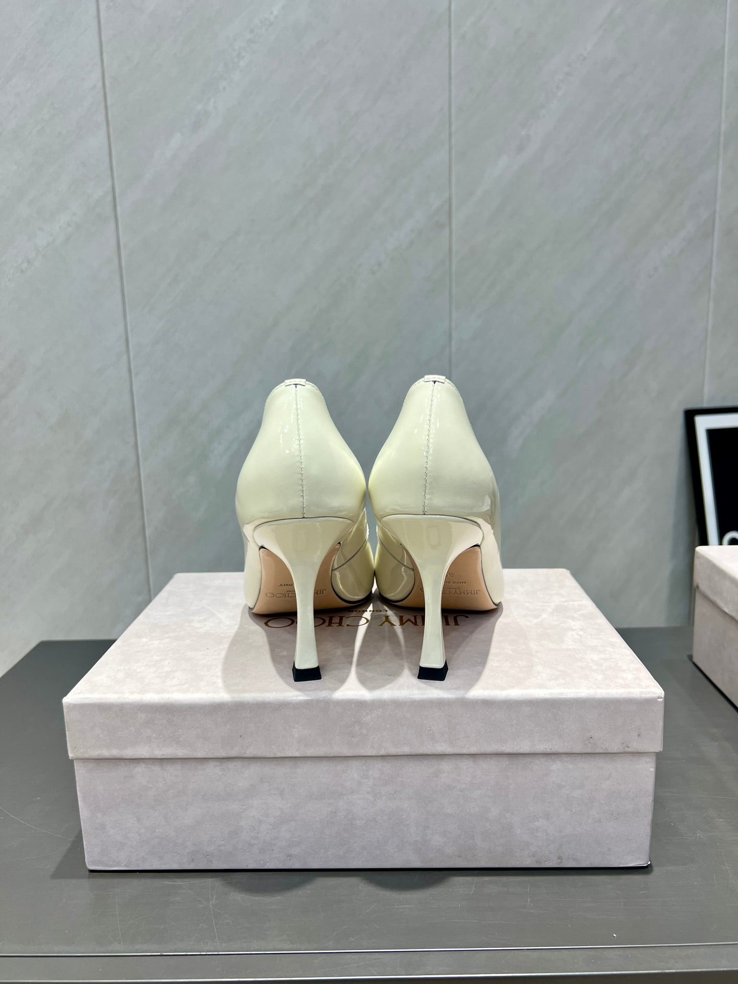 Jimmy Choo Belinda 85mm Heels Cream Patent Leather Crystal Studded Heels 540680