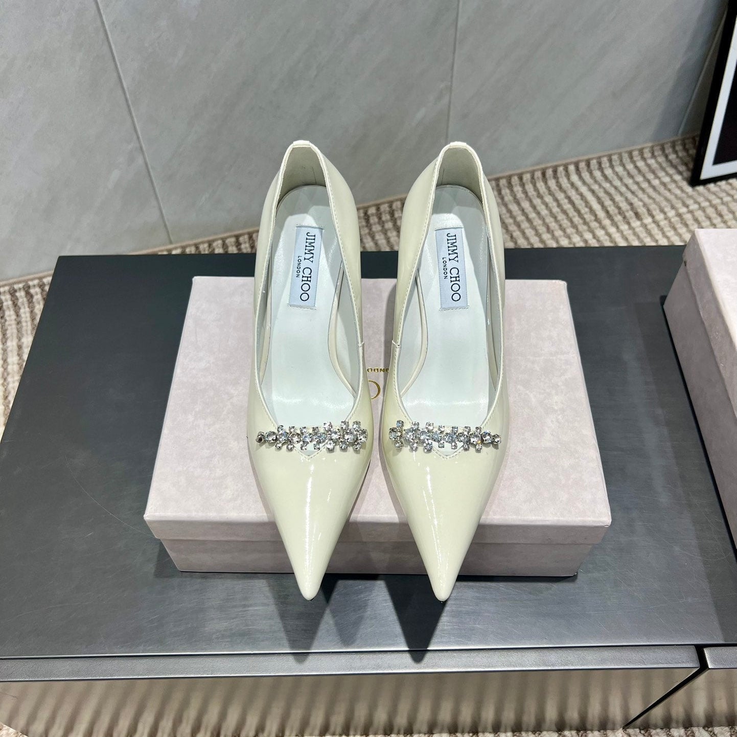 Jimmy Choo Belinda 85mm Heels Cream Patent Leather Crystal Studded Heels 540680