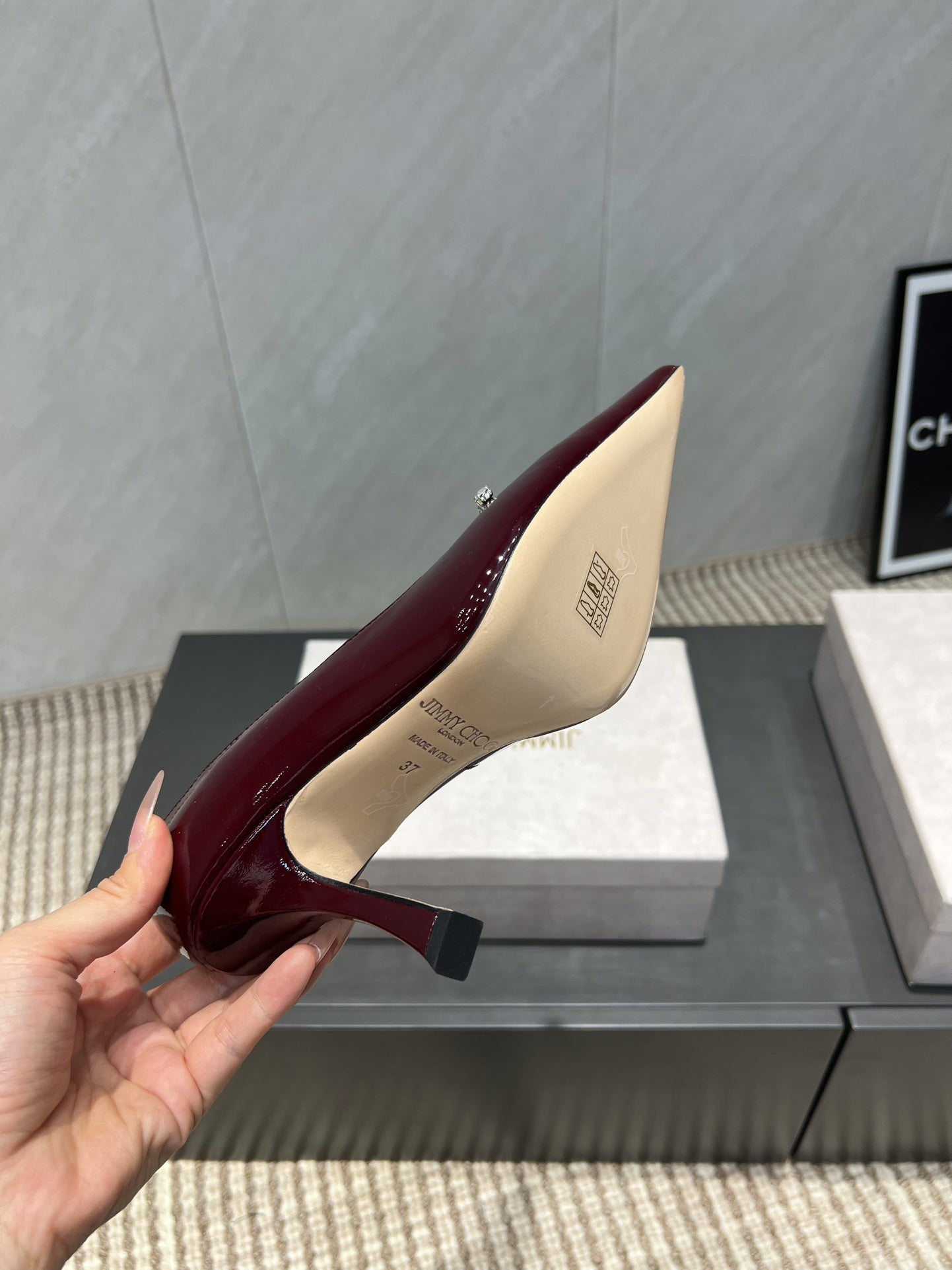 Jimmy Choo Belinda 85mm Heels Burgundy Patent Leather Crystal Studded Heels 540681