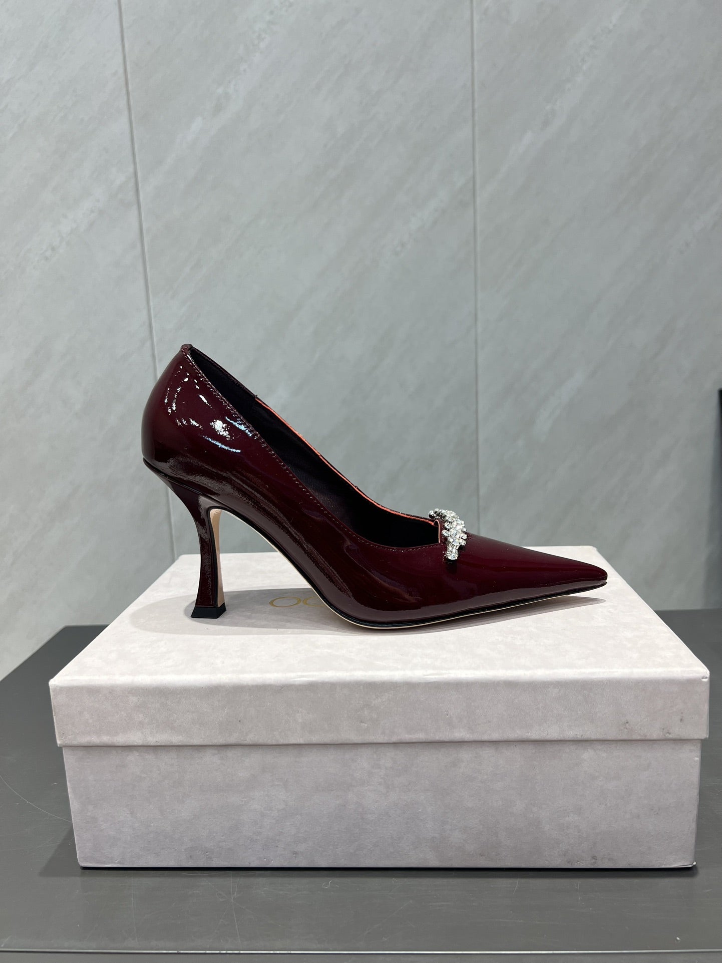 Jimmy Choo Belinda 85mm Heels Burgundy Patent Leather Crystal Studded Heels 540681
