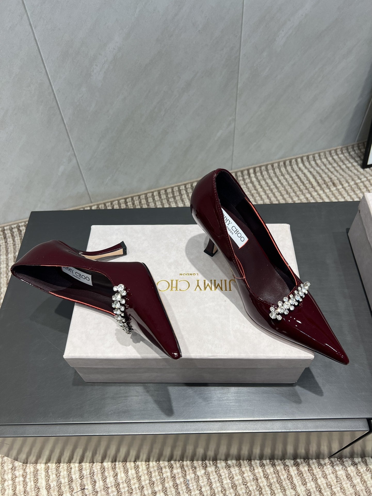 Jimmy Choo Belinda 85mm Heels Burgundy Patent Leather Crystal Studded Heels 540681