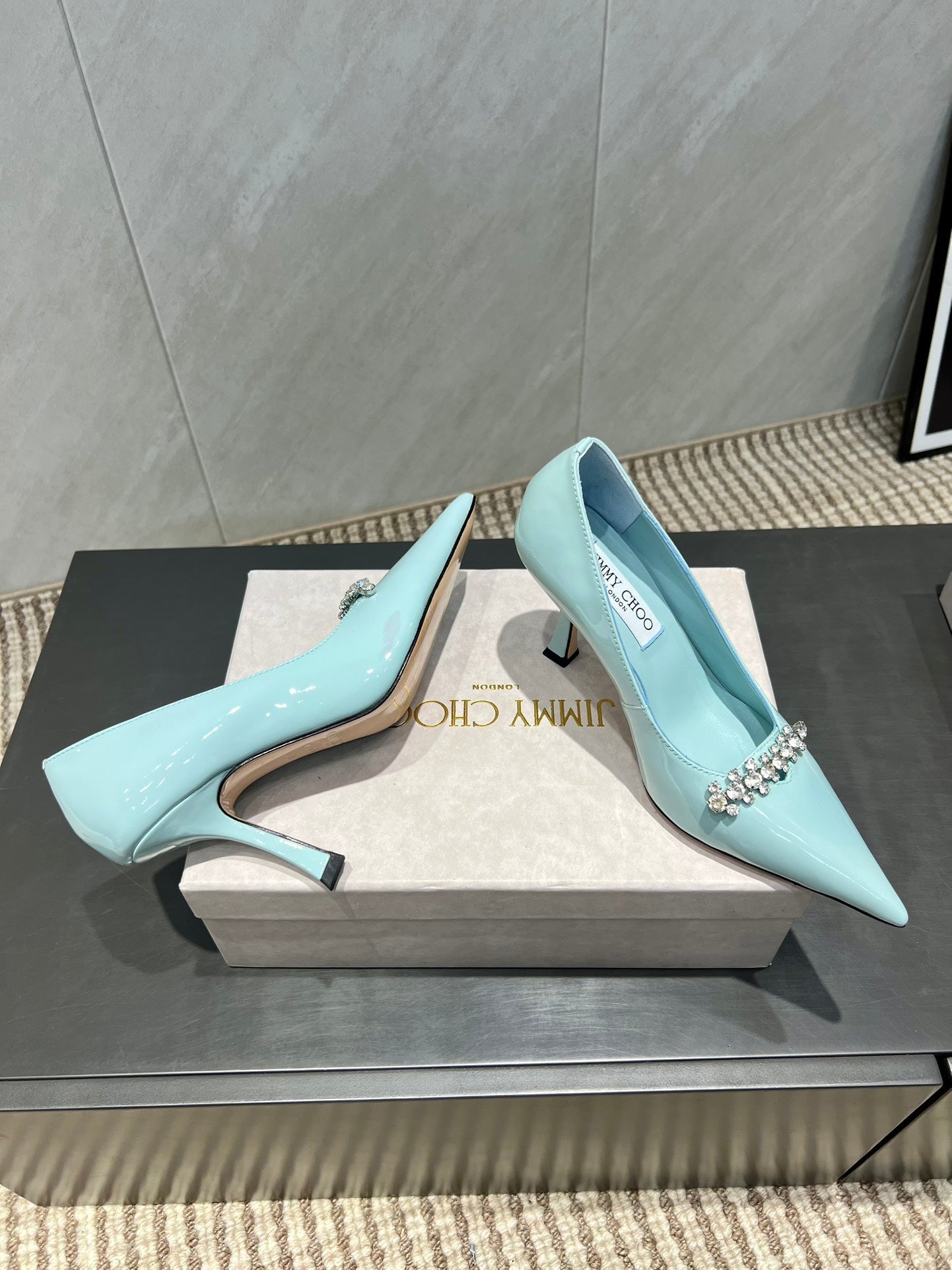 Jimmy Choo Belinda 85mm Heels Blue Patent Leather Crystal Studded Heels 540682