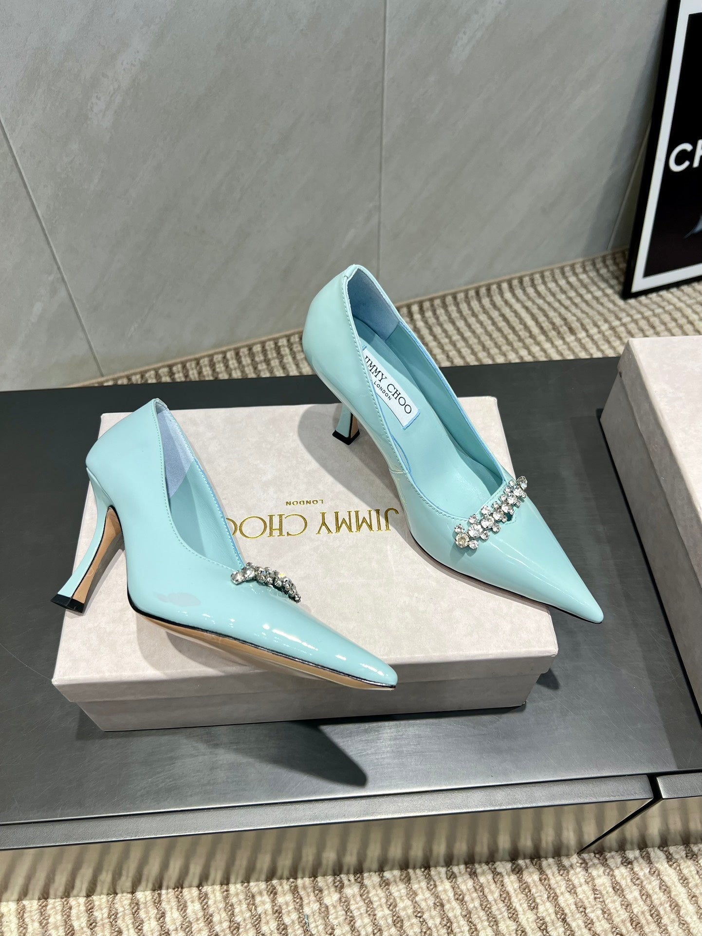 Jimmy Choo Belinda 85mm Heels Blue Patent Leather Crystal Studded Heels 540682