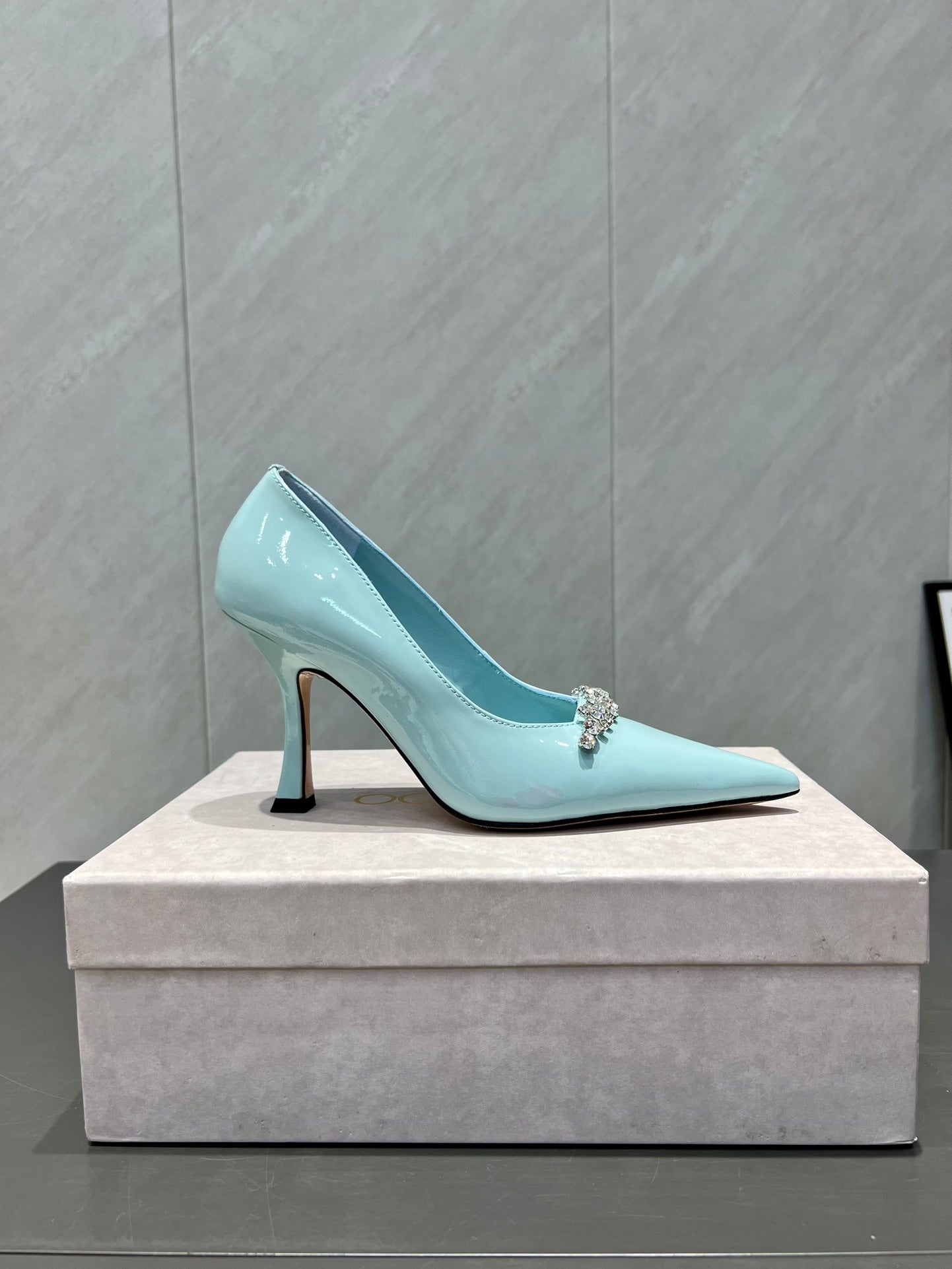 Jimmy Choo Belinda 85mm Heels Blue Patent Leather Crystal Studded Heels 540682