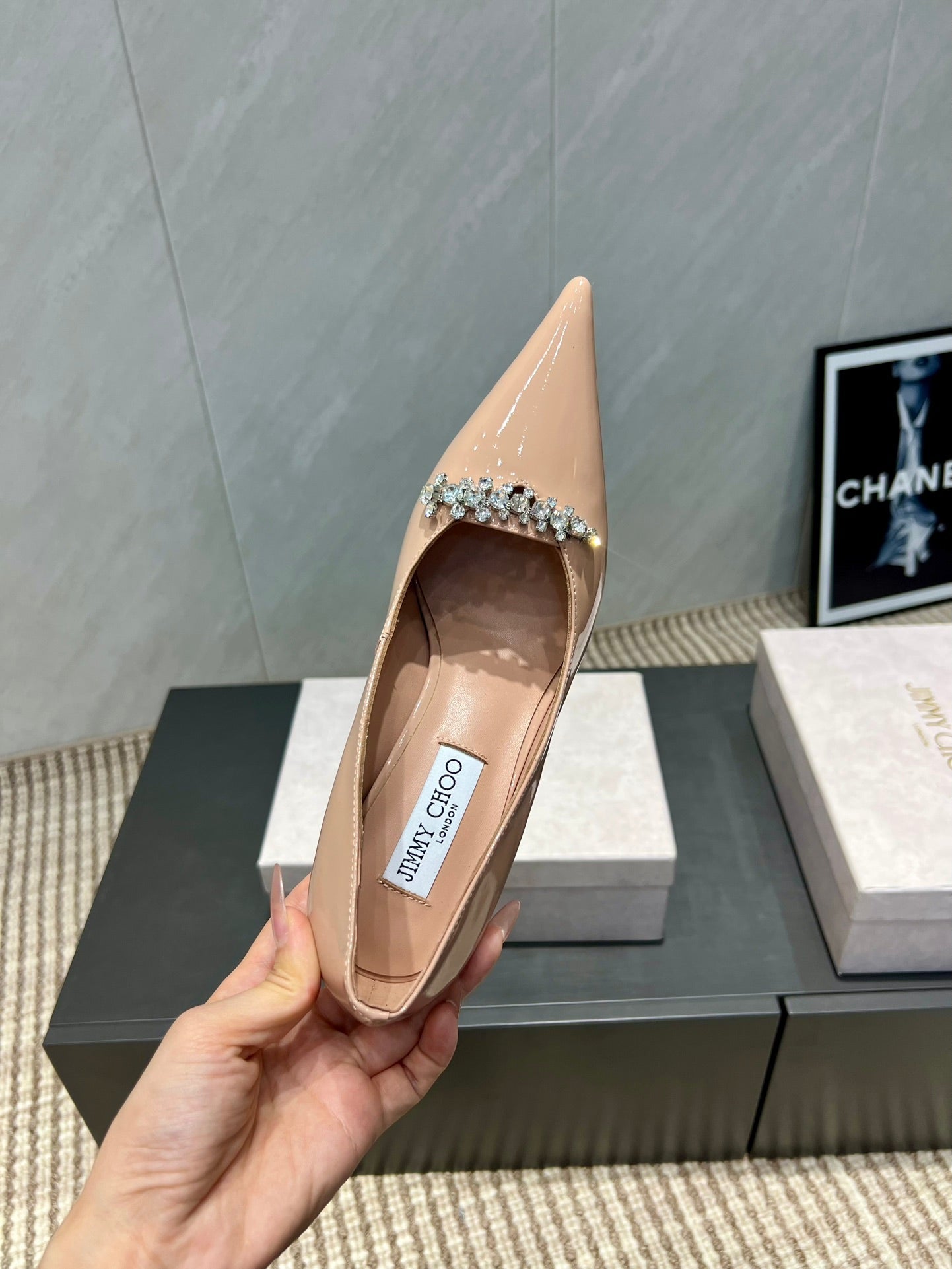 Jimmy Choo Belinda 85mm Heels Nude Patent Leather Crystal Studded Heels 540683.