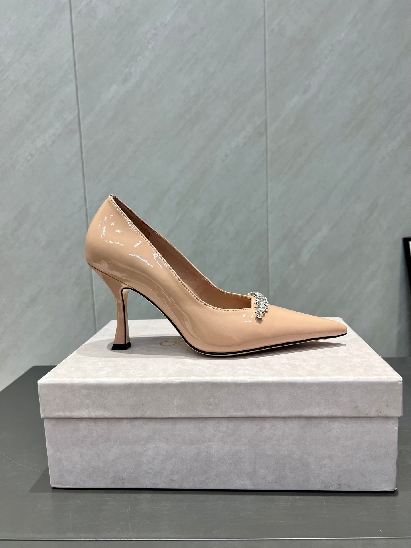 Jimmy Choo Belinda 85mm Heels Nude Patent Leather Crystal Studded Heels 540683.