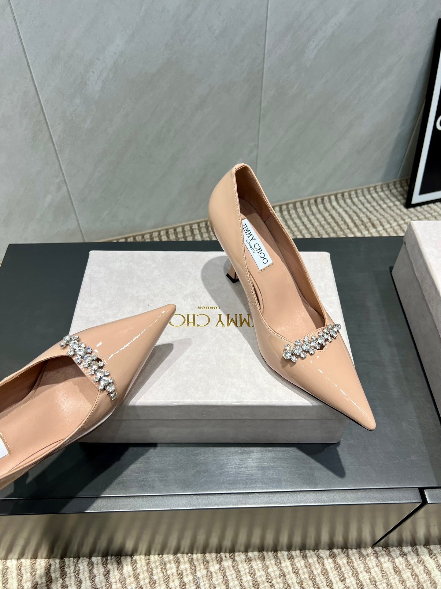 Jimmy Choo Belinda 85mm Heels Nude Patent Leather Crystal Studded Heels 540683.