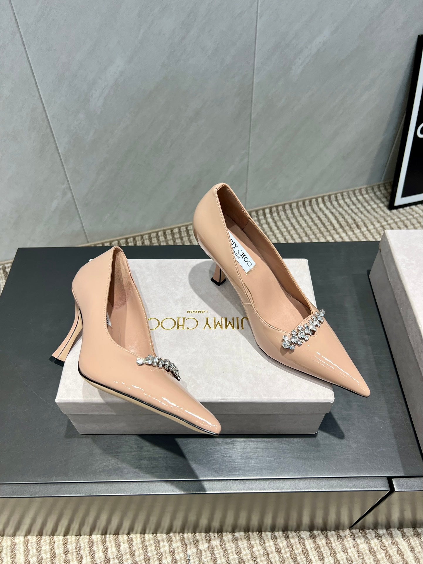 Jimmy Choo Belinda 85mm Heels Nude Patent Leather Crystal Studded Heels 540683.