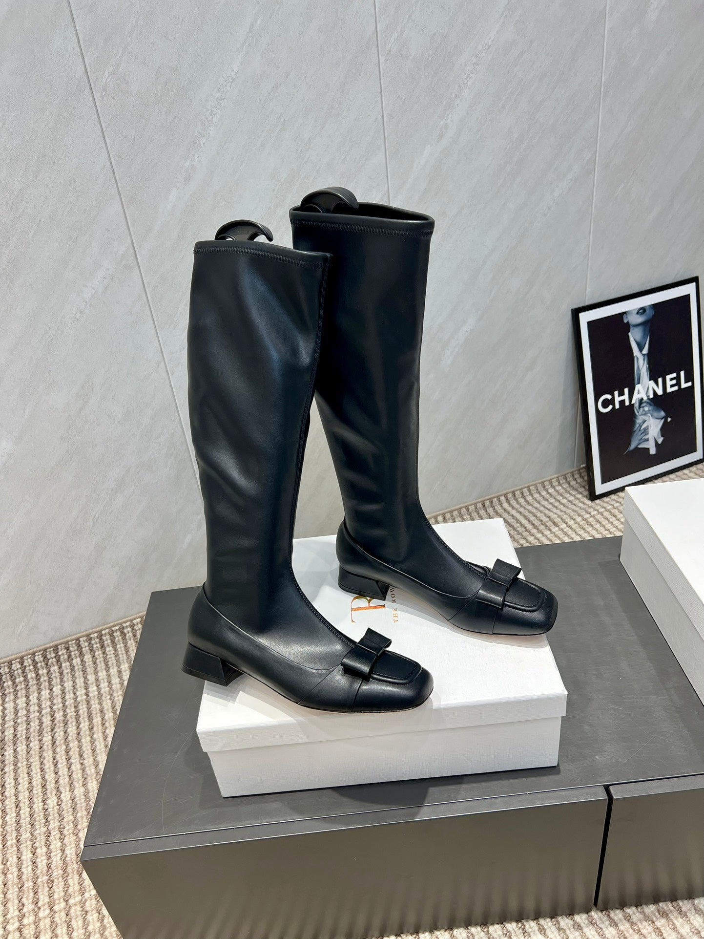 The Row 2025 Square Toe And Bow Accent Long Boot Black Sheepskin 540513