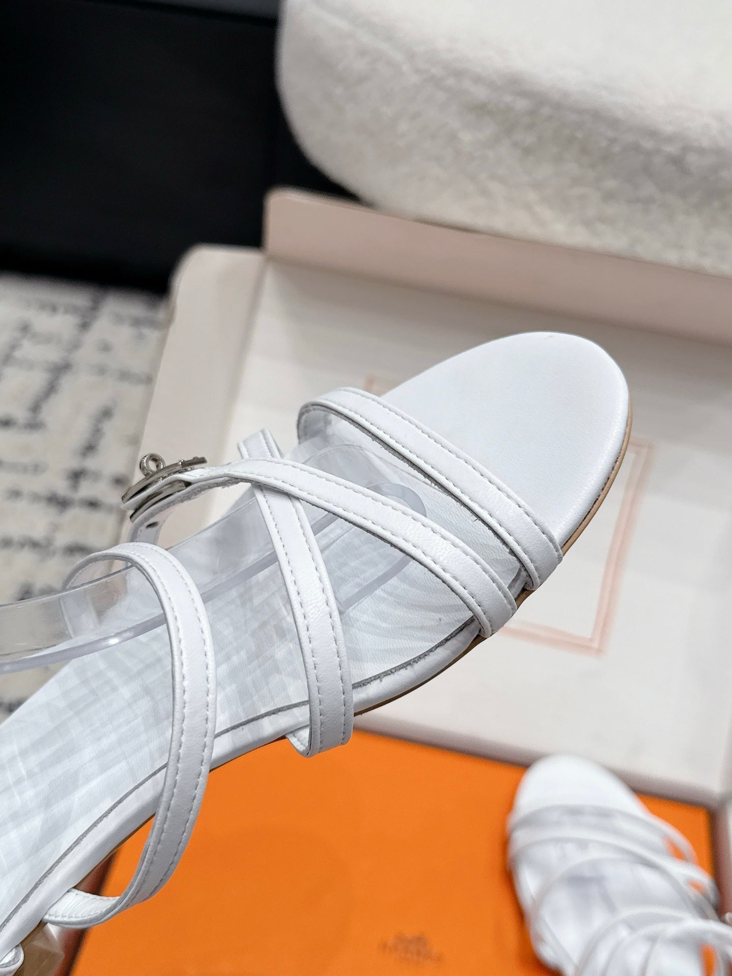 HM 26s Strappy Sandals In White Calfskin Silver Hardware