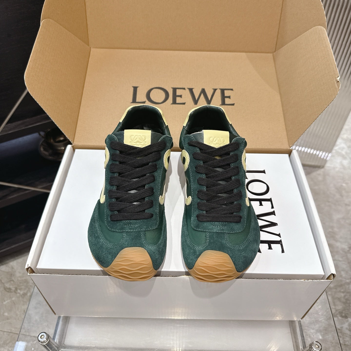 LOEW 26s Ballet Runner 2.0 Teal Green Yellow Suede Sheepskin 683936