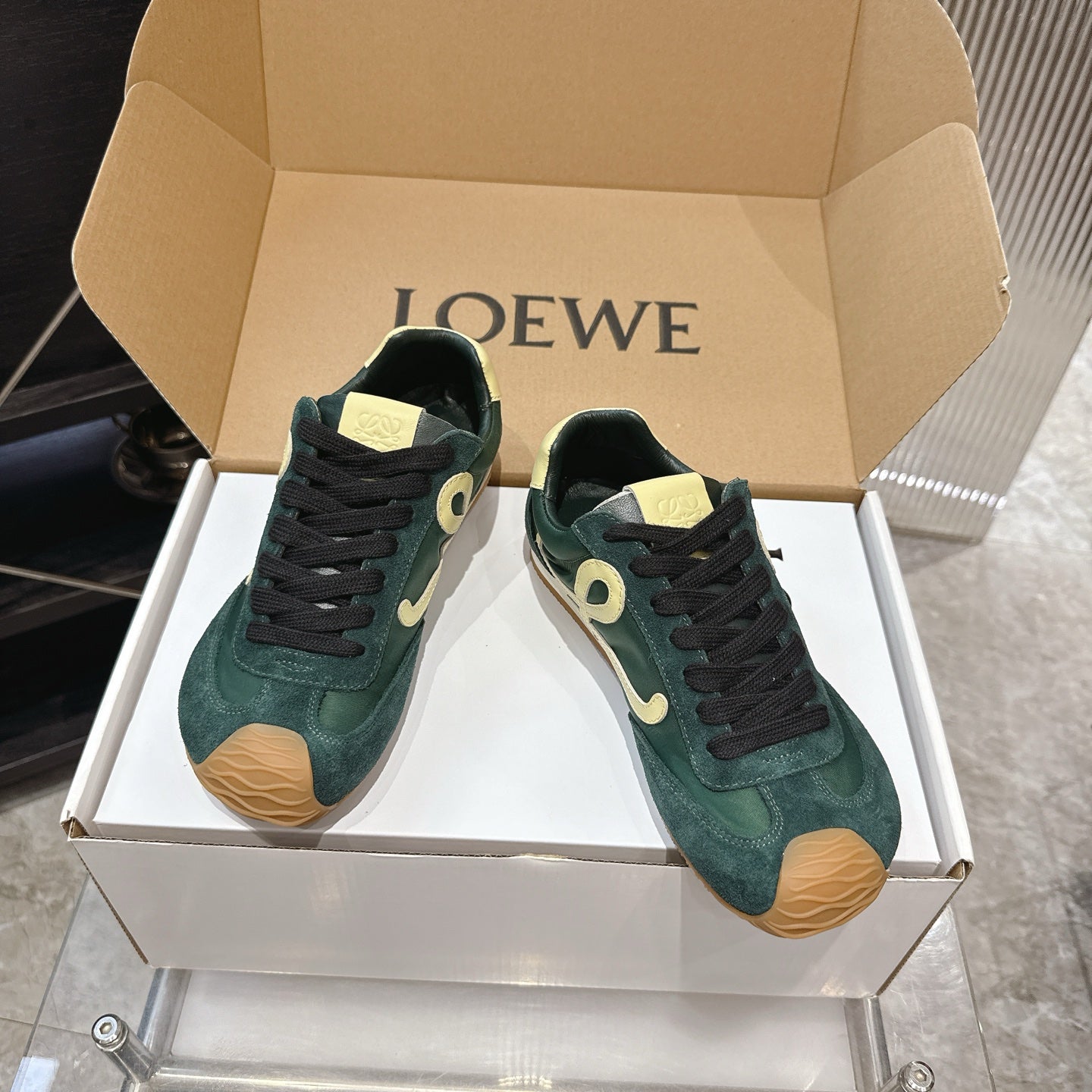 LOEW 26s Ballet Runner 2.0 Teal Green Yellow Suede Sheepskin 683936