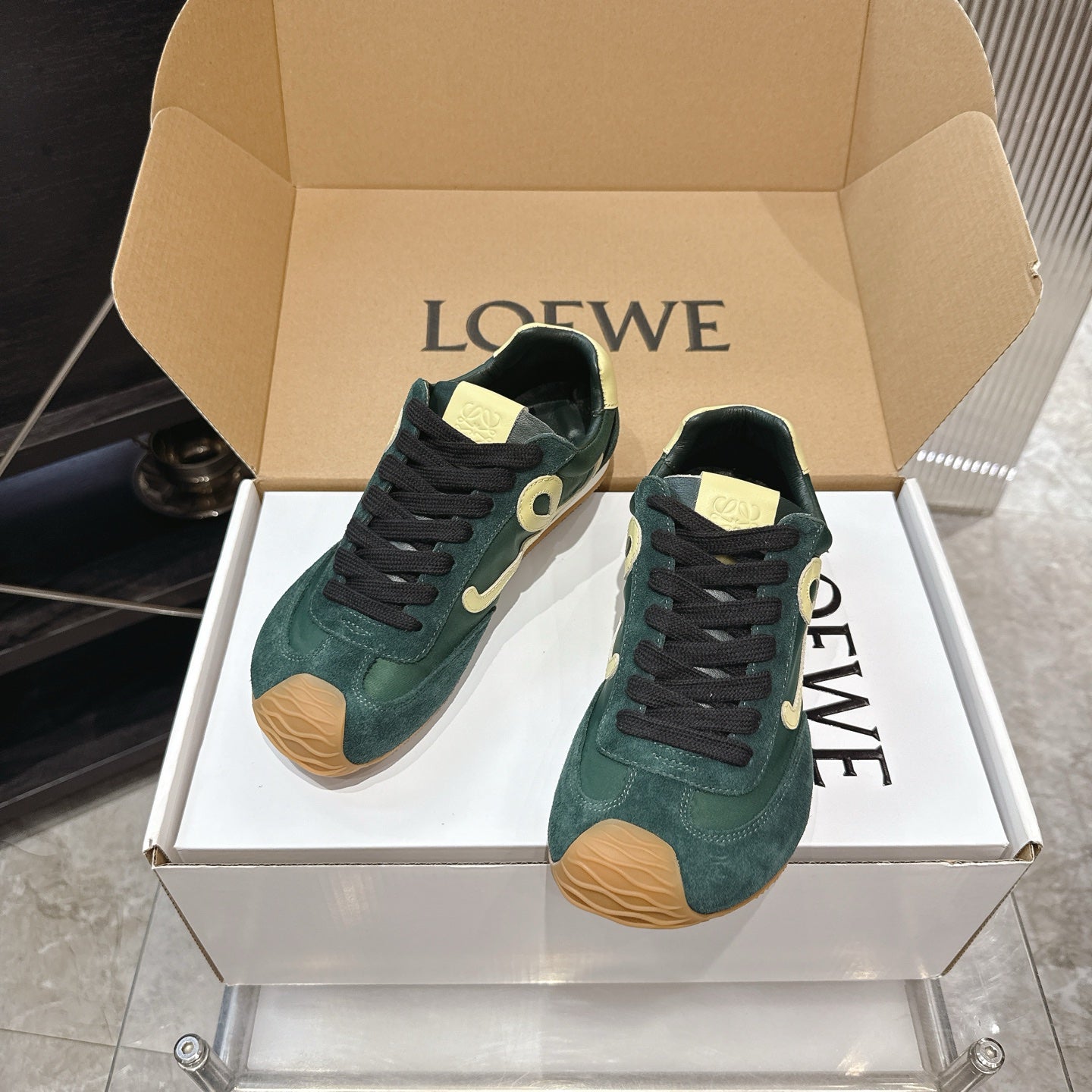 LOEW 26s Ballet Runner 2.0 Teal Green Yellow Suede Sheepskin 683936