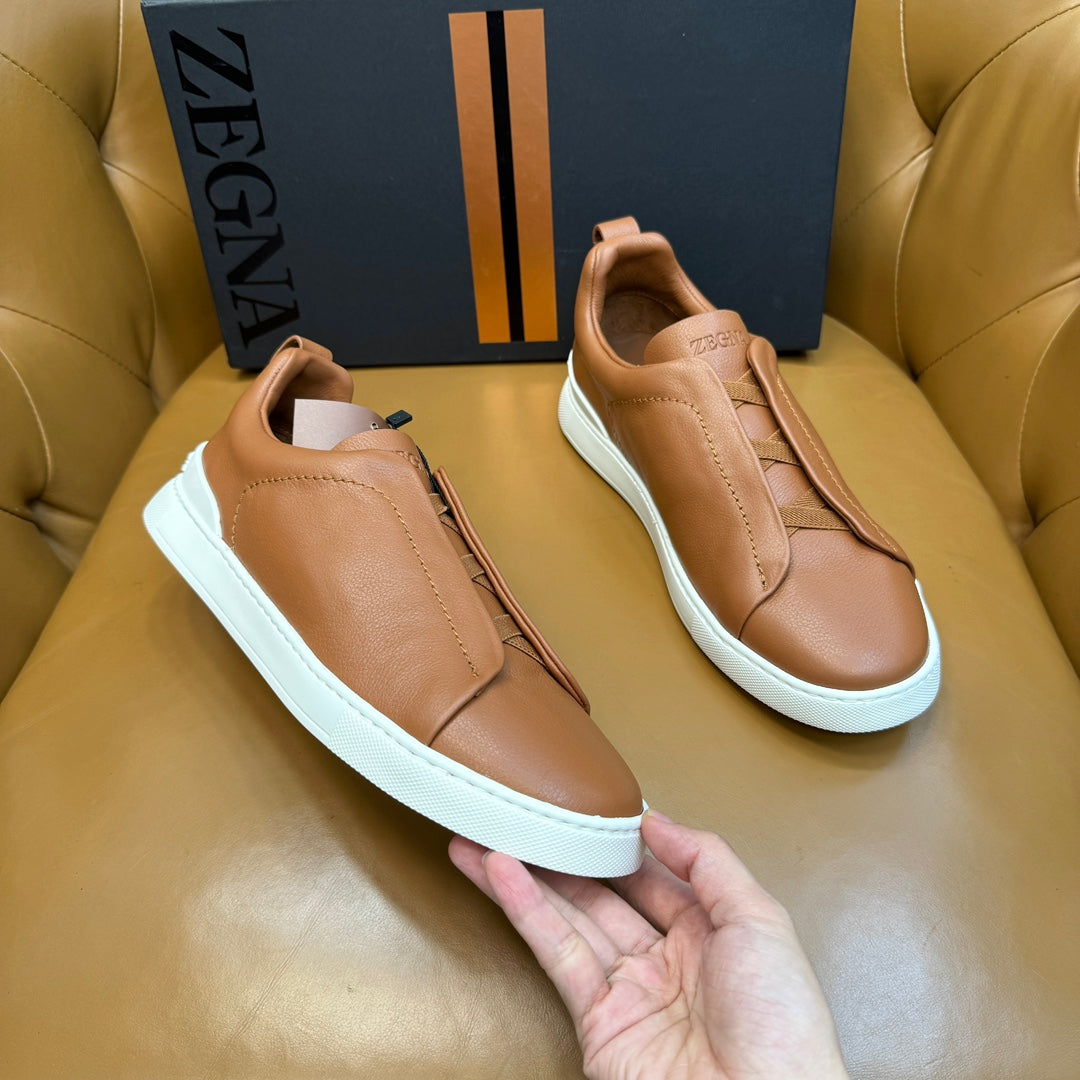 Zegna Men's Triple Stitch Sneakers Tan Grain Leather