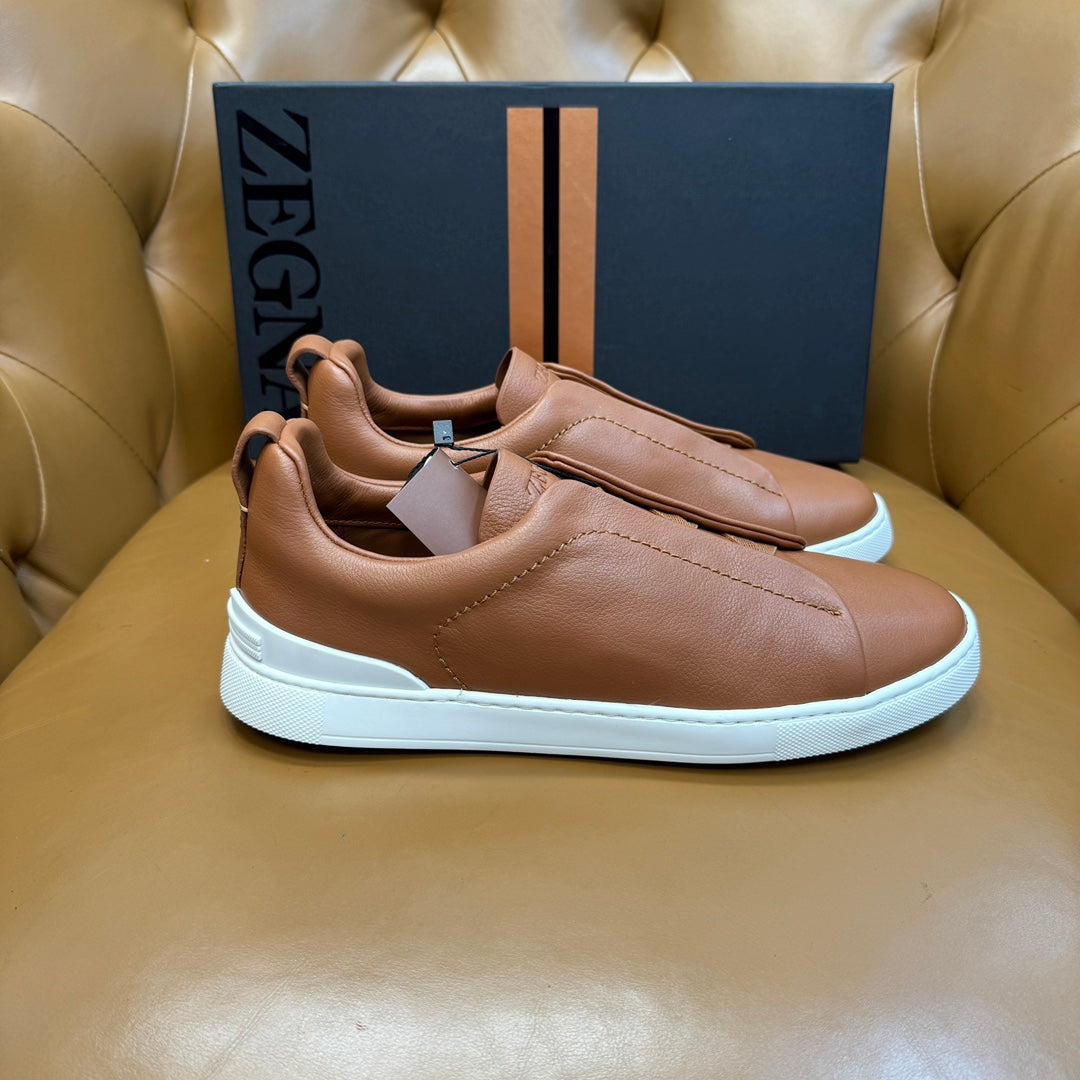 Zegna Men's Triple Stitch Sneakers Tan Grain Leather