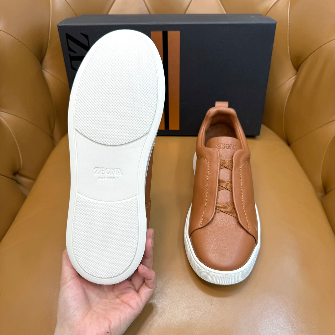 Zegna Men's Triple Stitch Sneakers Tan Grain Leather