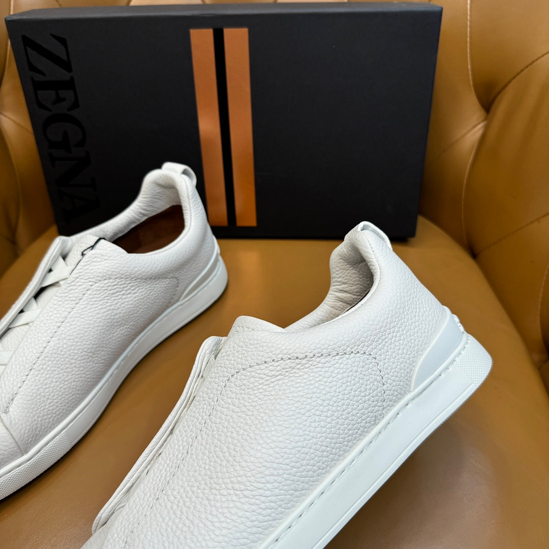Zegna Men's Triple Stitch Sneakers White Grain Leather
