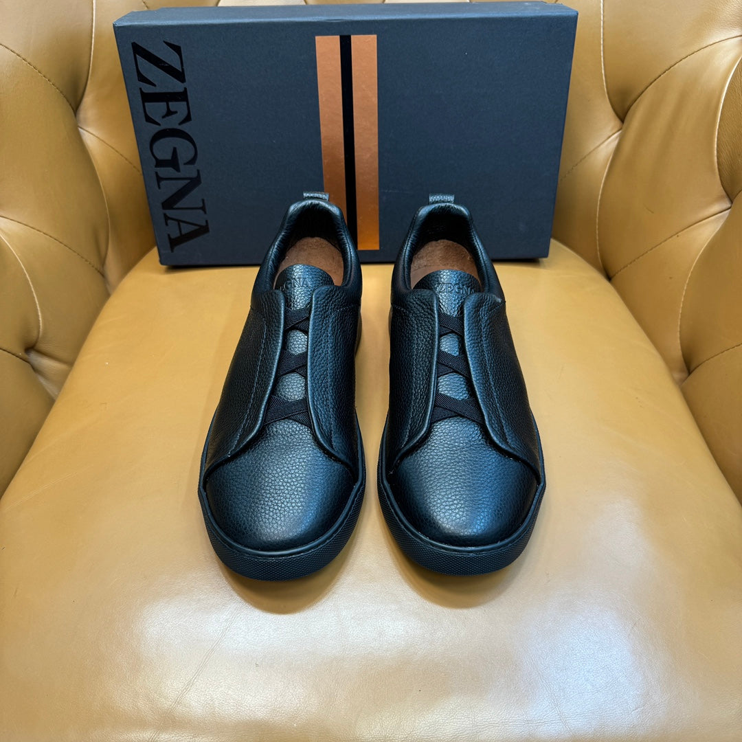 Zegna Men's Triple Stitch Sneakers Full Black Grain Leather