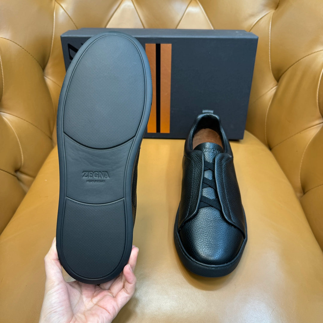 Zegna Men's Triple Stitch Sneakers Full Black Grain Leather