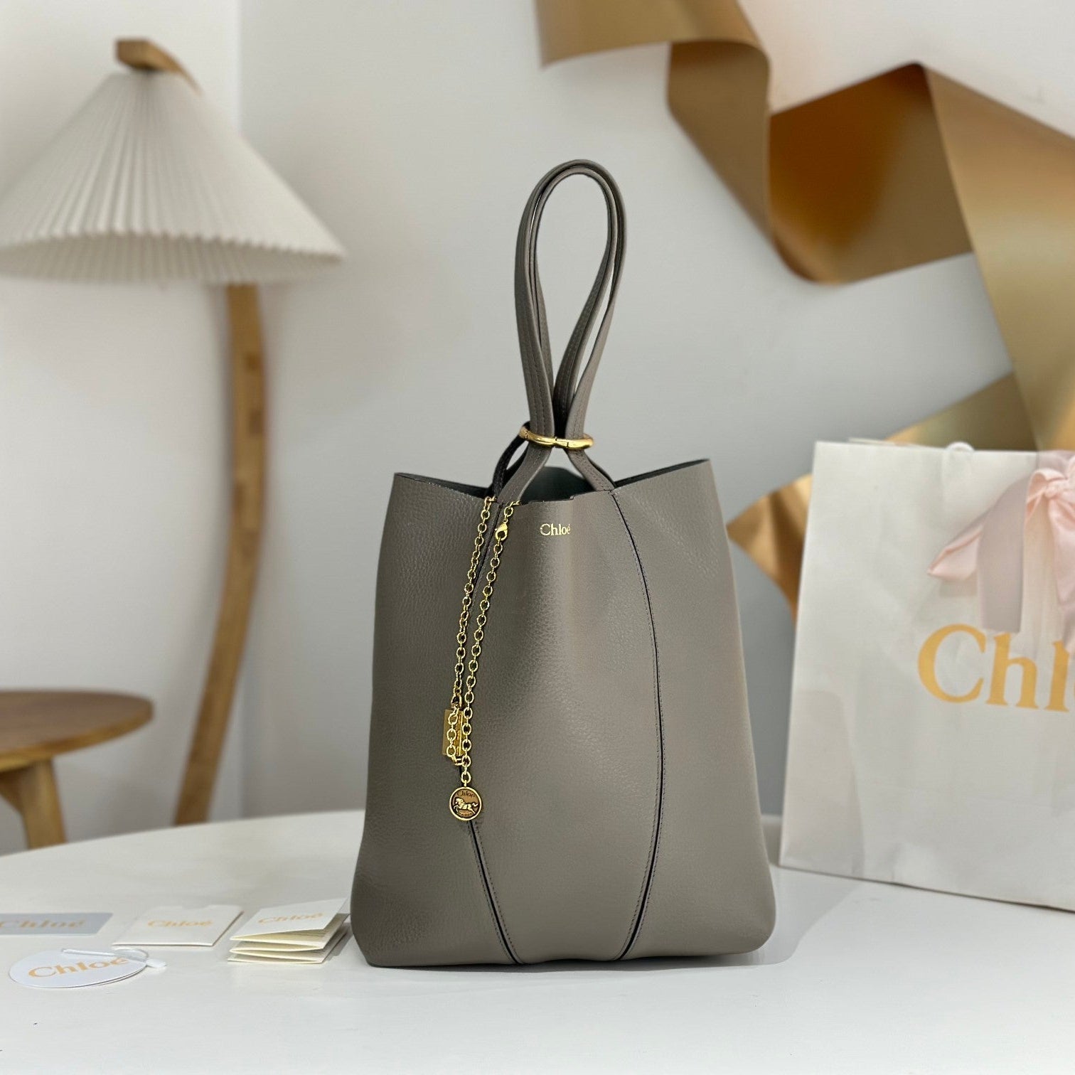 Chloe Spin Taupe Gray Calfskin