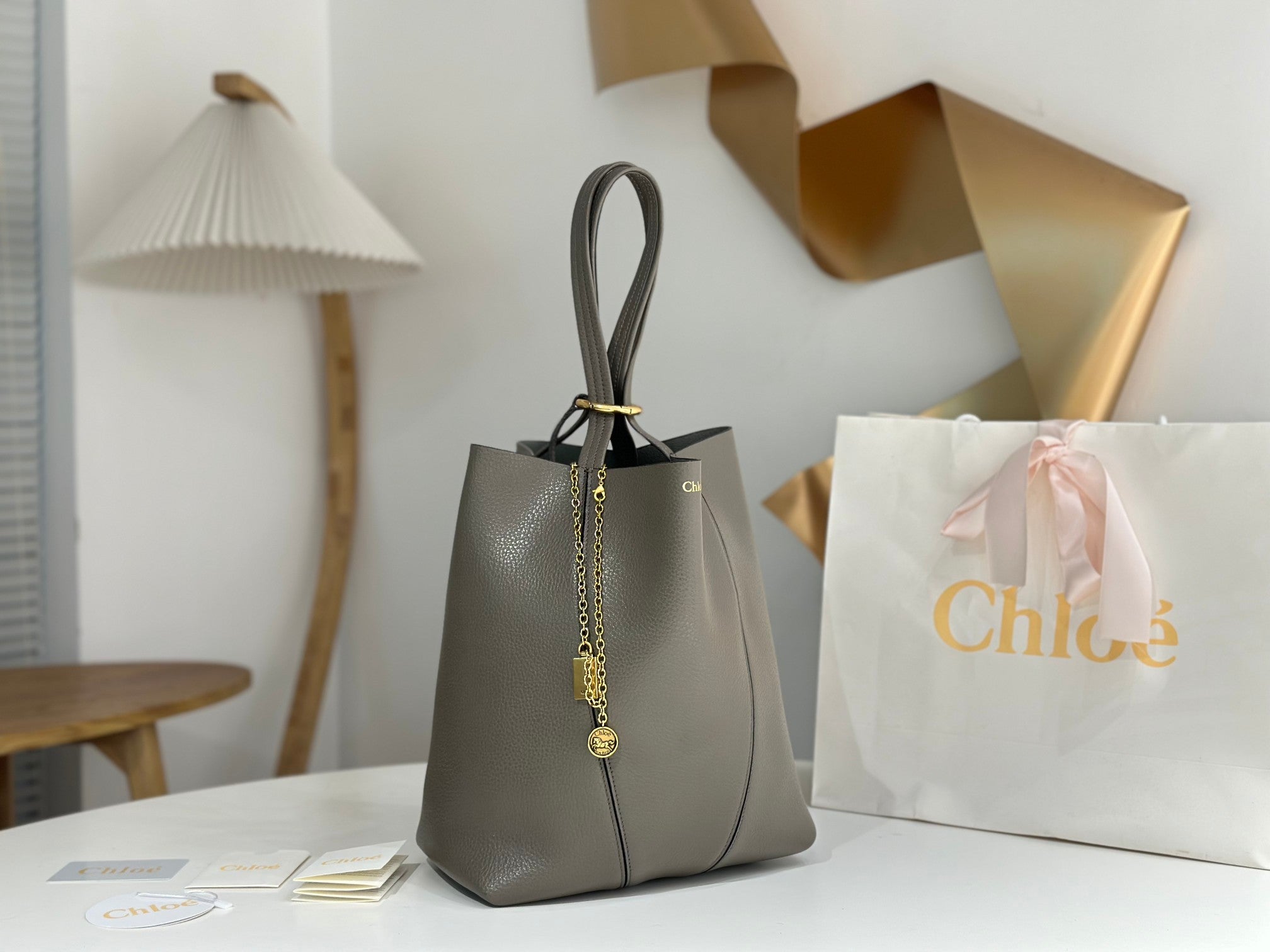 Chloe Spin Taupe Gray Calfskin