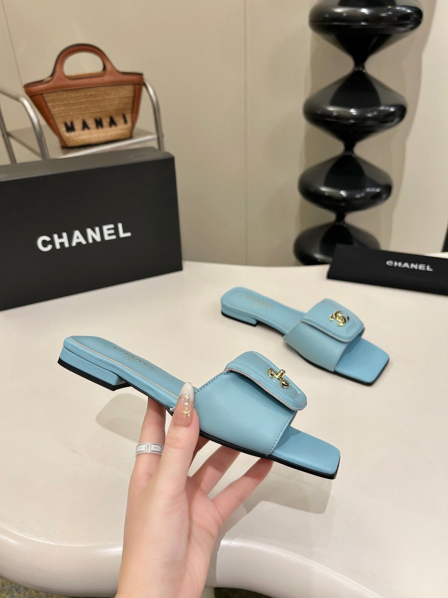 CC 26s Flat Mules Light Blue Sheepskin 939527