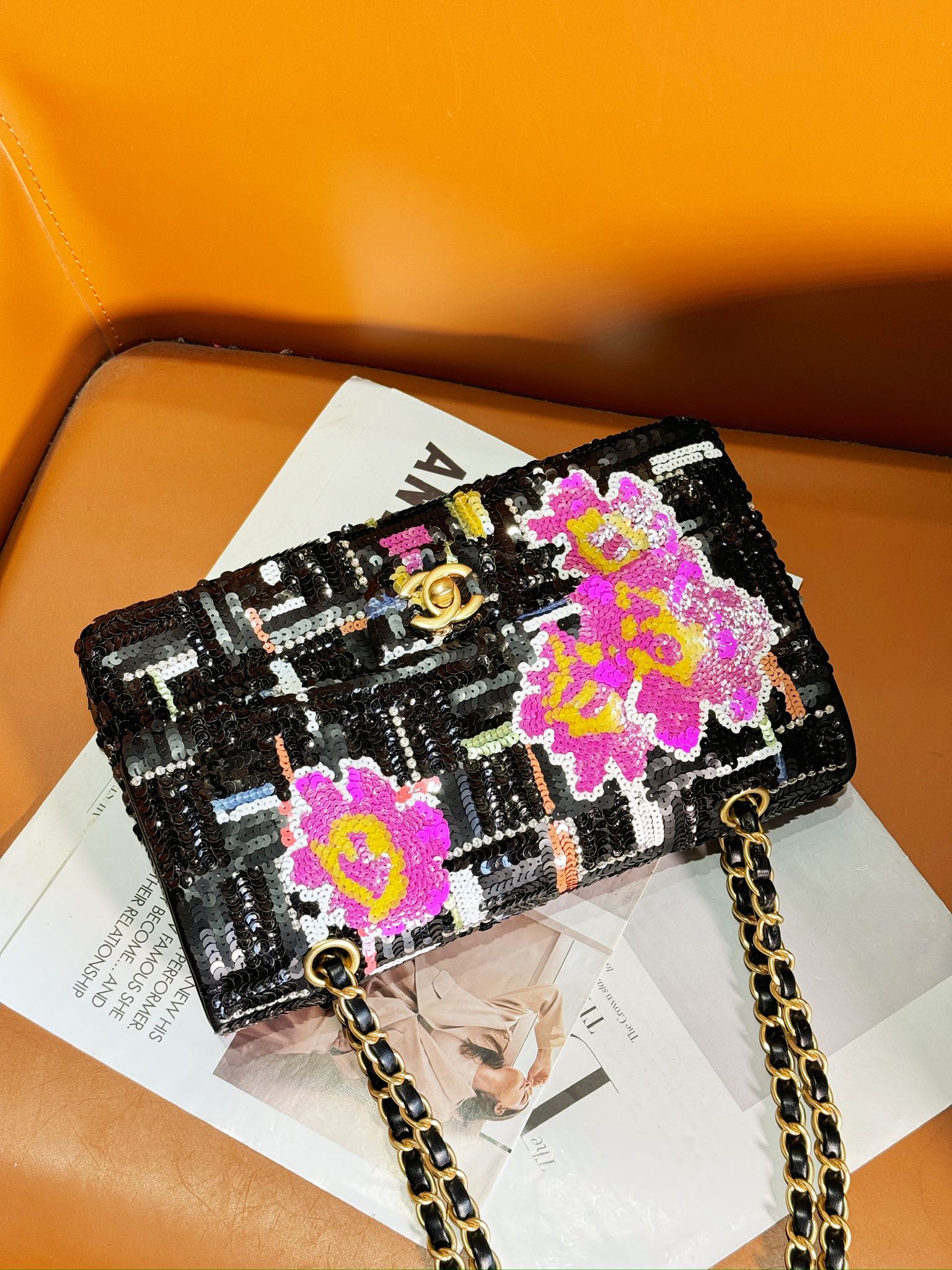 24S Flap Bag 25.5cm Black White Purple Sequin