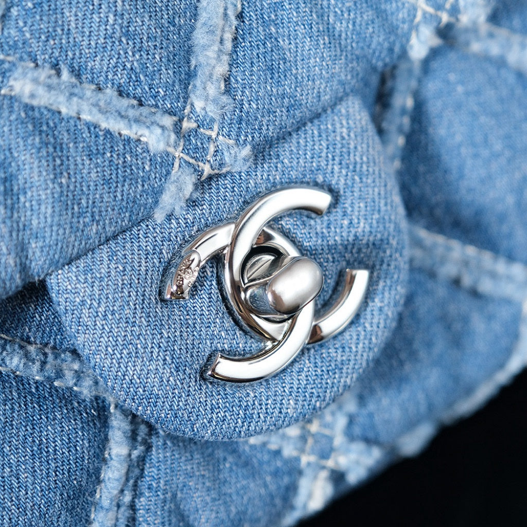 24S Flap Bag 20cm Blue Quilted Denim